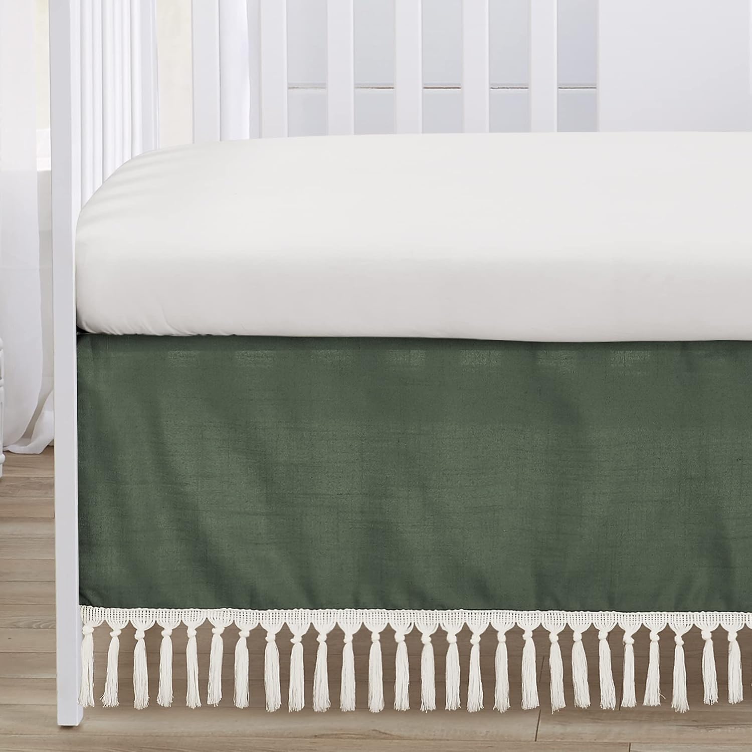 Sweet Jojo Designs 4-Piece Baby Crib Bedding Set (Green Boho Linen) for Boys or Girls, Infants/Nursery incl. Blanket, 100% Cotton Fitted Sheet, Skirt, Diaper Stacker (Sage, Chevron, Neutral Farmhouse)