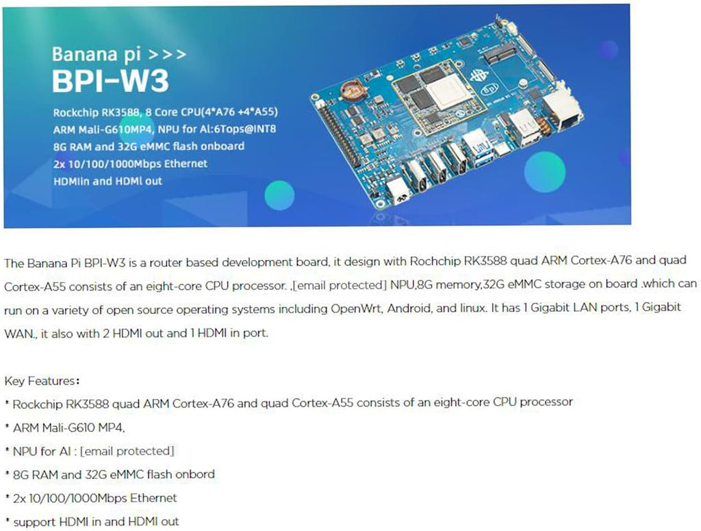 Banana Pi BPI-W3 Wireless Dual Band WiFi Router Board, Rockchip RK3588 8GB Single Board Computer, with Dual Gigabit Ethernet Ports for AI Edge Computing, Support Android Linux OpenWRT