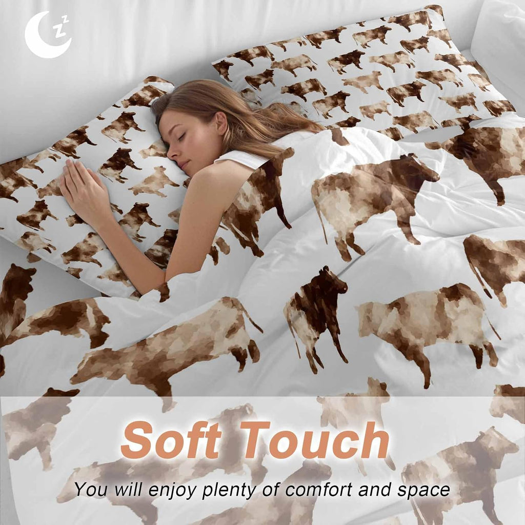 Prime Leader Farmhouse Cow Duvet Cover Set Queen Size 4 Pieces Watercolors Beige Brown Rustic Farm Animal Bedding Set with Zipper Closure, 1 Comforter Cover 86x86 Inches 1 Flat Sheet & 2 Pillow Cases