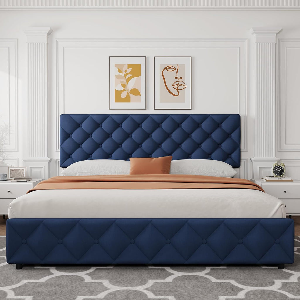 IDEALHOUSE King Size Bed Frame with 4 Storage Drawers and Adjustable Headboard, Linen Upholstered Platform Beds, Diamond Stitched Button Tufted, No Box Spring Needed, Blue