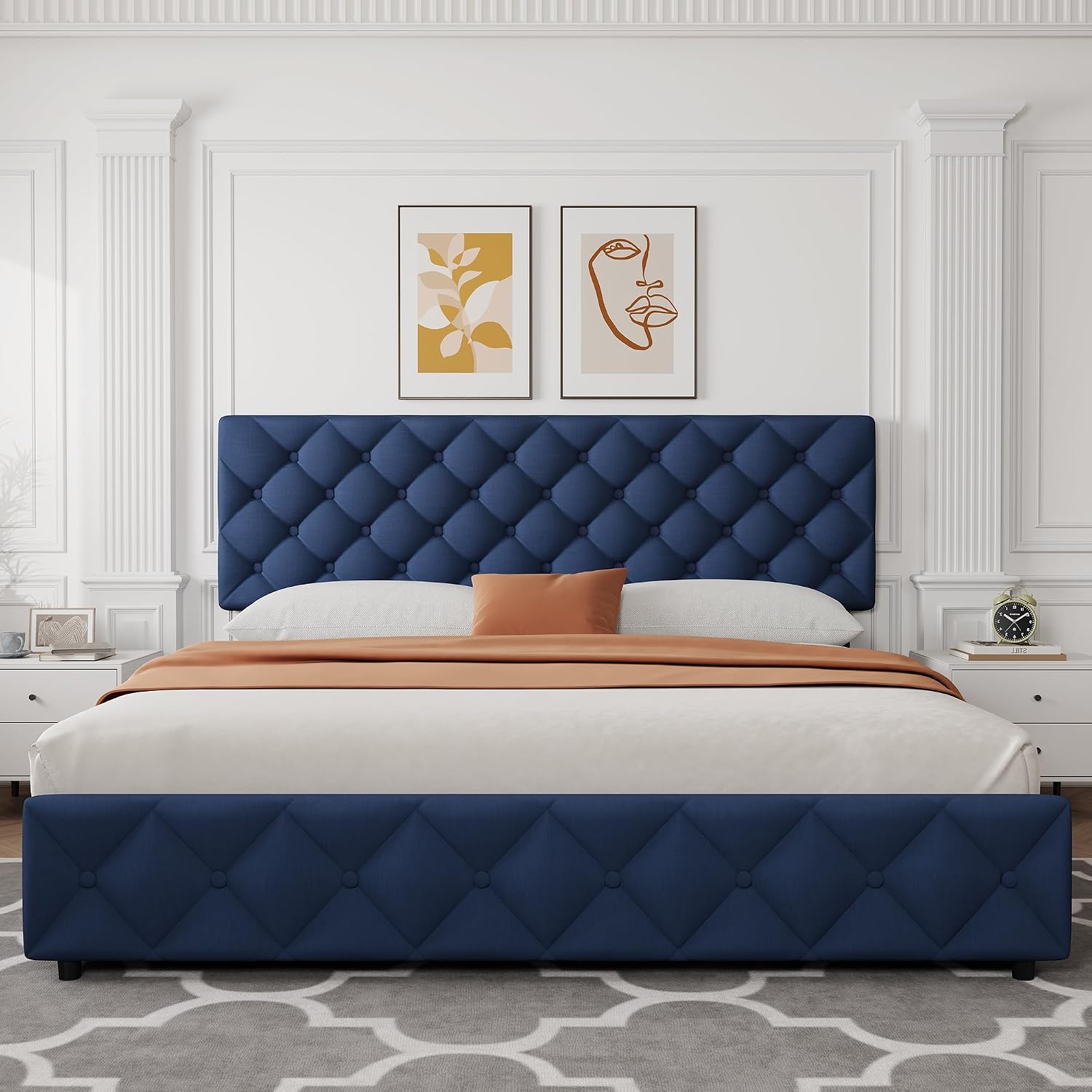 IDEALHOUSE King Size Bed Frame with 4 Storage Drawers and Adjustable Headboard, Linen Upholstered Platform Beds, Diamond Stitched Button Tufted, No Box Spring Needed, Blue