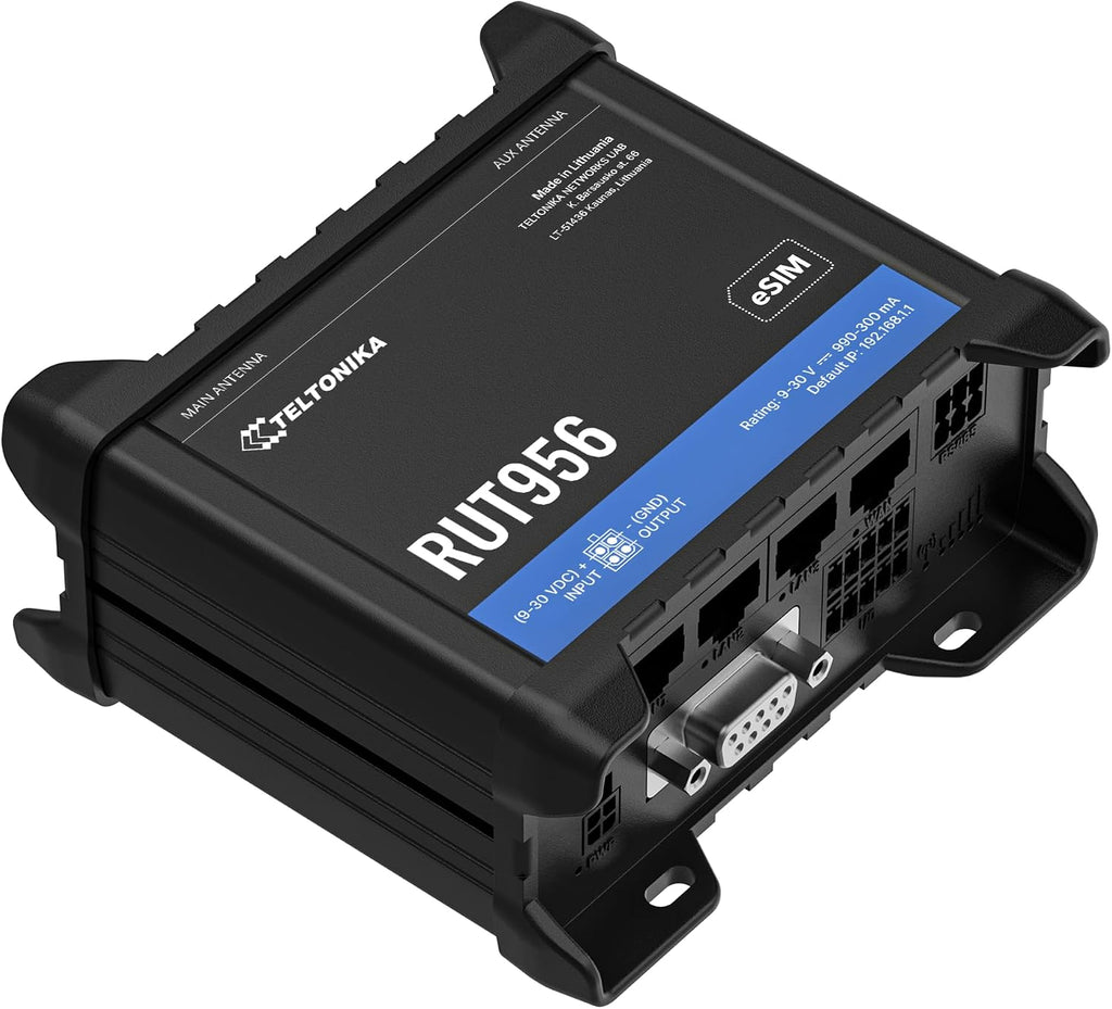 Teltonika RUT956 RUT956A30A00 Industrial 4G LTE Cellular Router, Dual SIM with eSIM, Wi-Fi & Ethernet, RS232/RS485, GNSS, Compatible with AT&T, Verizon & T-Mobile, North America Version