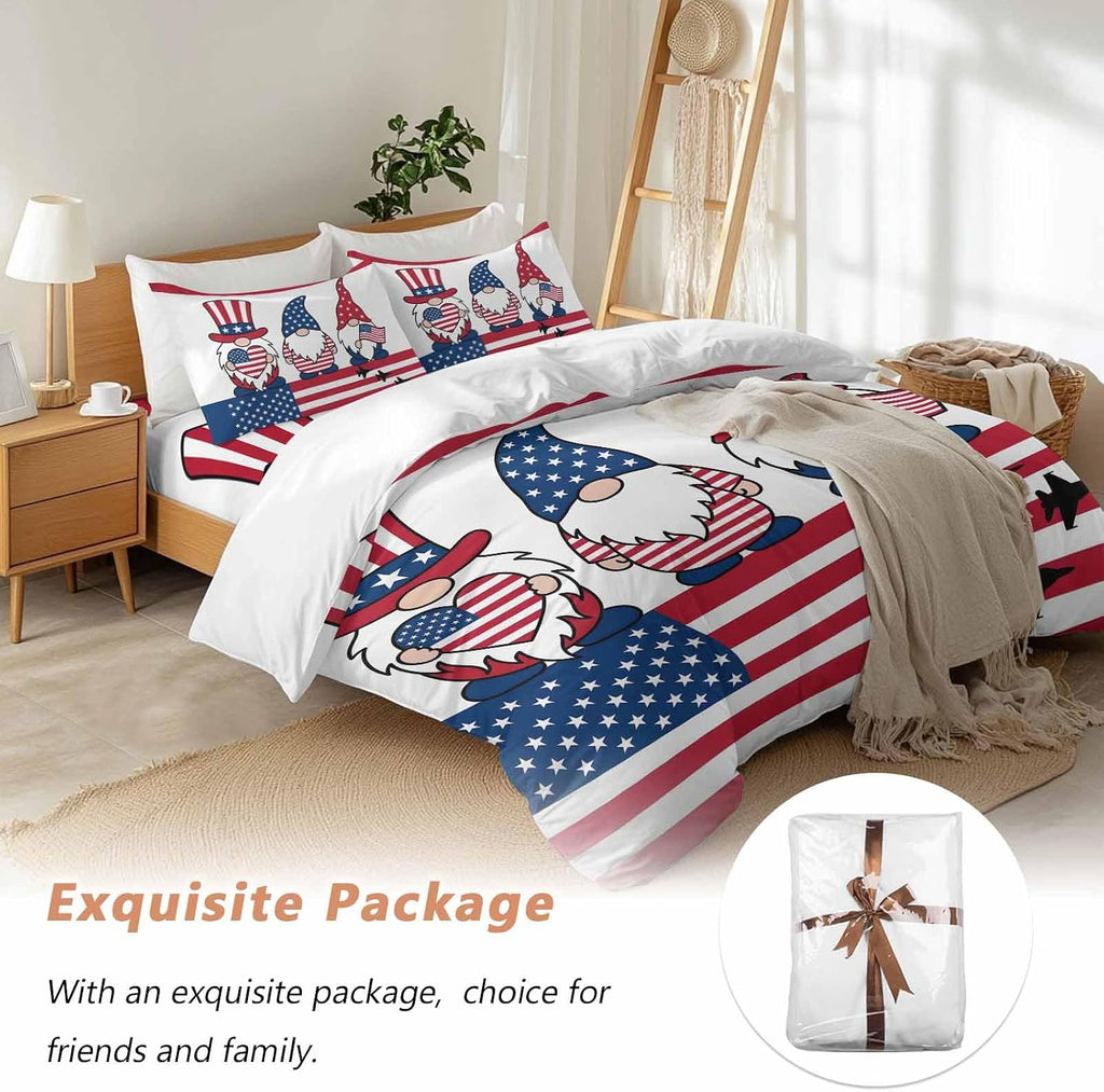 Independence Day Duvet Cover Set Queen Size 4 Pieces Cute Gnome with American Flag Hat Red White Stripes Bedding Set with Zipper Closure, 1 Comforter Cover 86x86 Inches 1 Flat Sheet & 2 Pillow Cases