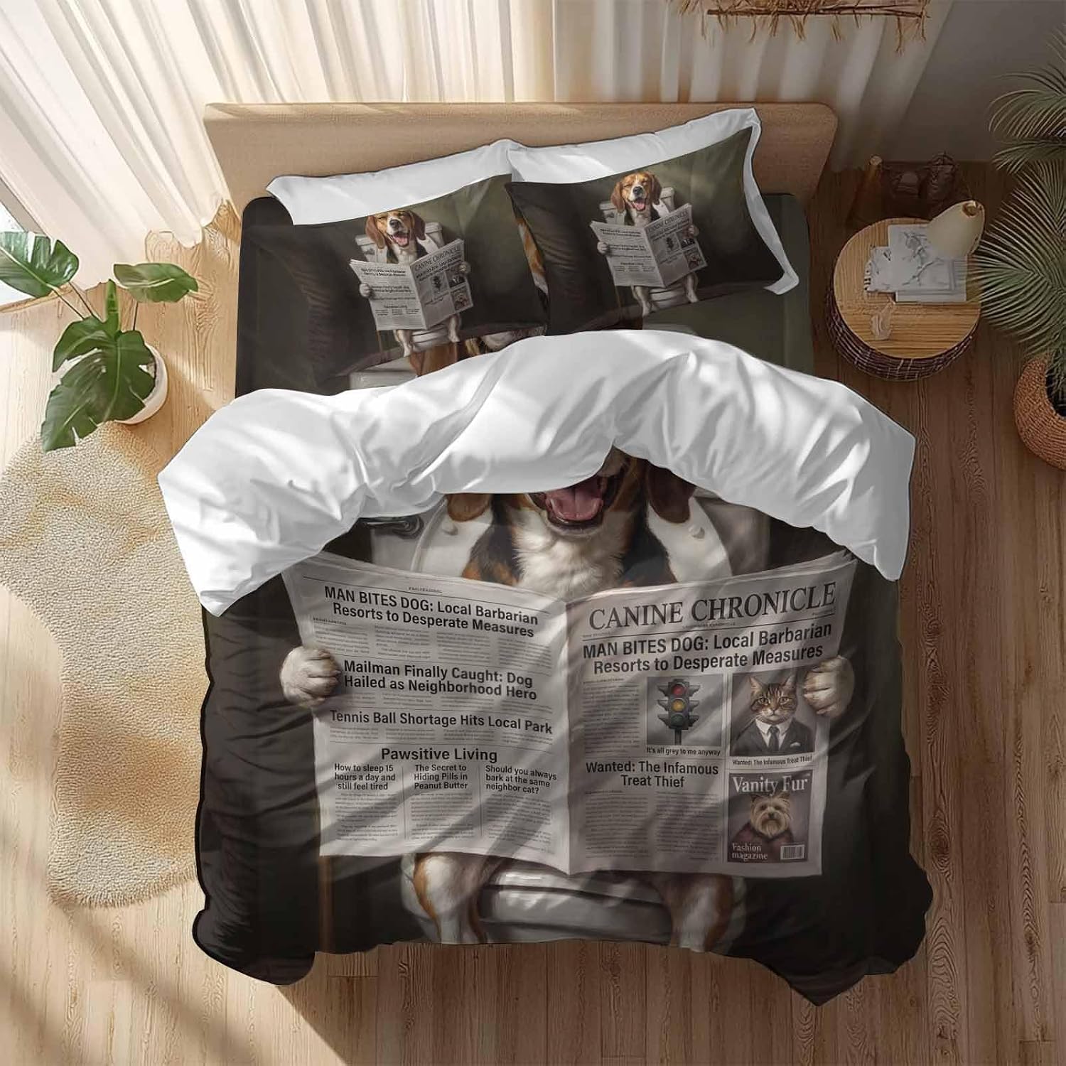Prime Leader Funny Dog Puppy Duvet Cover Set Queen Size 4 Pieces Cute Beagle Cartoon Newspaper Toilet Bedding Set with Zipper Closure, 1 Comforter Cover 92x106 Inches 1 Flat Sheet & 2 Pillow Cases