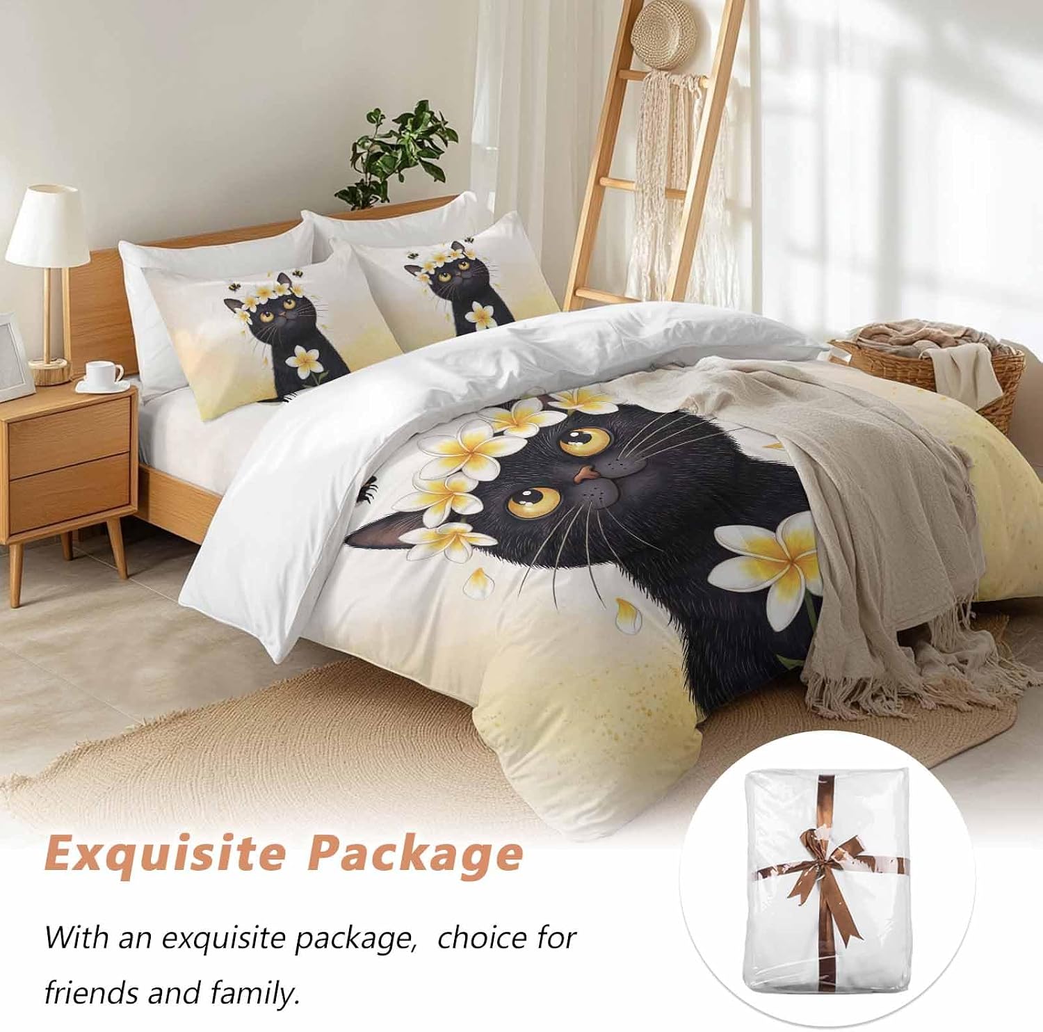 Prime Leader Cute Black Cat Duvet Cover Set Queen Size 4 Pieces Yellow Flower Bee Country Style Fields Bedding Set with Zipper Closure, 1 Comforter Cover 86x86 Inches 1 Flat Sheet & 2 Pillow Cases