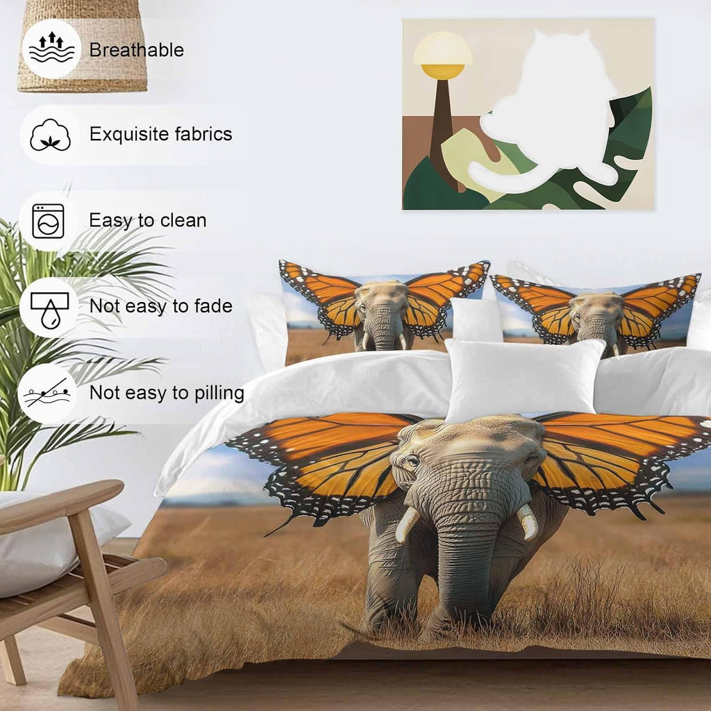 Prime Leader Funny Elephant Duvet Cover Set Queen Size 4 Pieces Elephant with Butterfly Ears Grassland Bedding Set with Zipper Closure, 1 Comforter Cover 86x86 Inches 1 Flat Sheet & 2 Pillow Cases