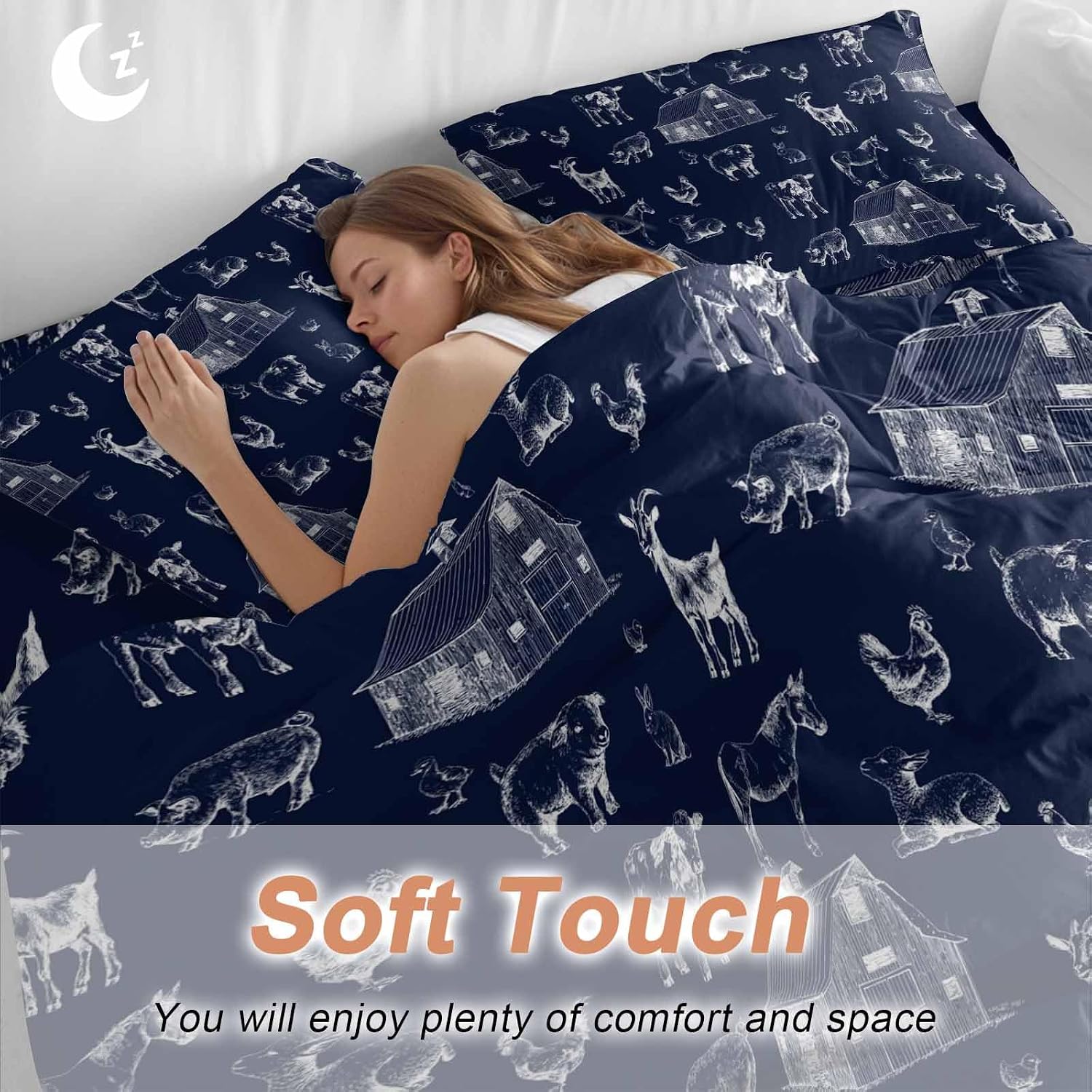 Farm Animals Duvet Cover Set Queen Size 4 Pieces Navy Blue Farmhouse Chicken Cow Sheep Pig House Country Bedding Set with Zipper Closure, 1 Comforter Cover 86x86 Inches 1 Flat Sheet & 2 Pillow Cases