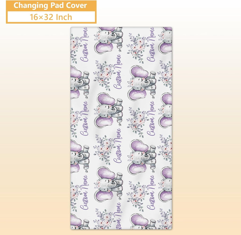 Terwex Personalized Baby Crib Bedding Set, 5 Pcs Custom Name Nursery Bedding Set, Purple Elephants Baby Bedding Set for Girls Boys, Double Layer Baby Crib Sets, Customized Gifts for Toddlers Infants