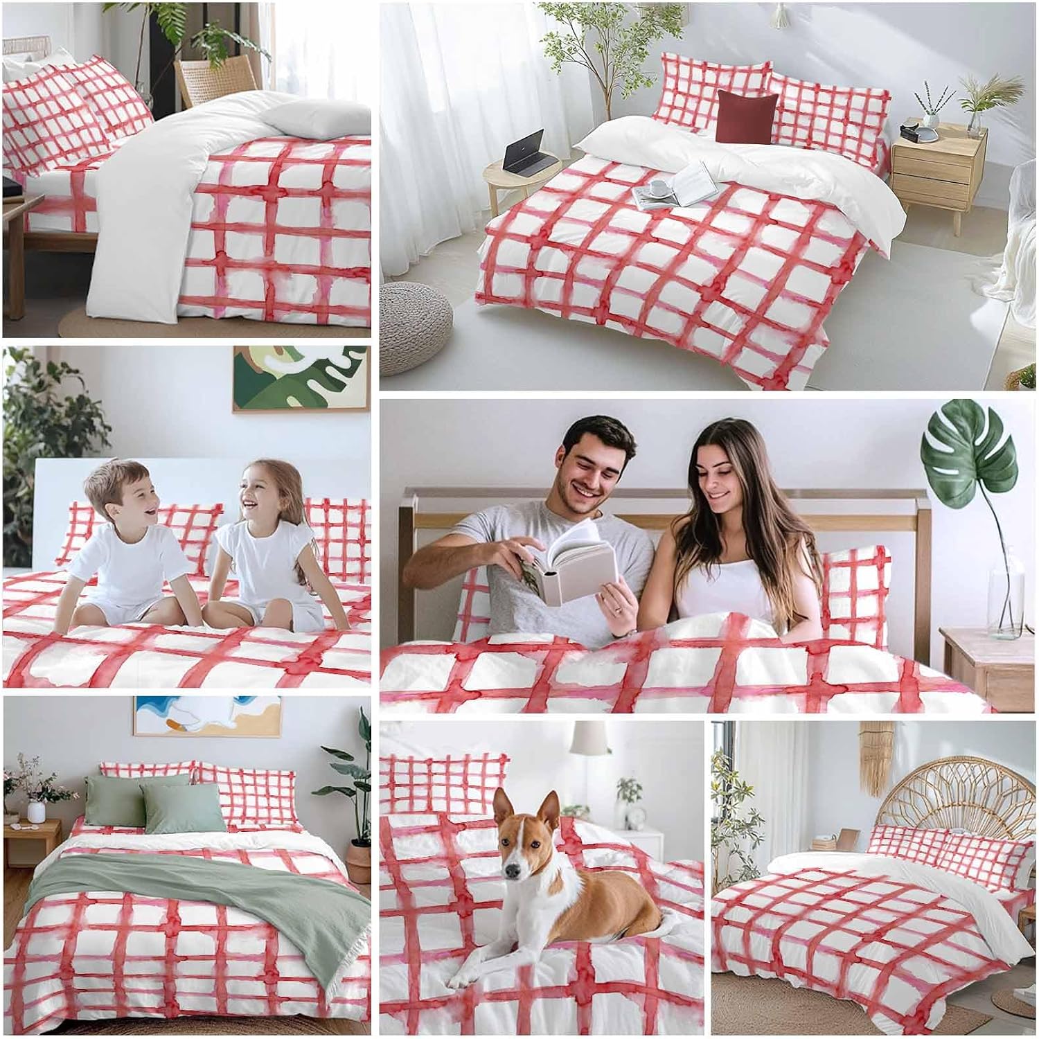 Retro Red Checkered Duvet Cover Set Queen Size 4 Pieces Watercolor Lines Geometric Minimalist Bedding Set with Zipper Closure, 1 Comforter Cover 90x92 Inches 1 Flat Sheet & 2 Pillow Cases