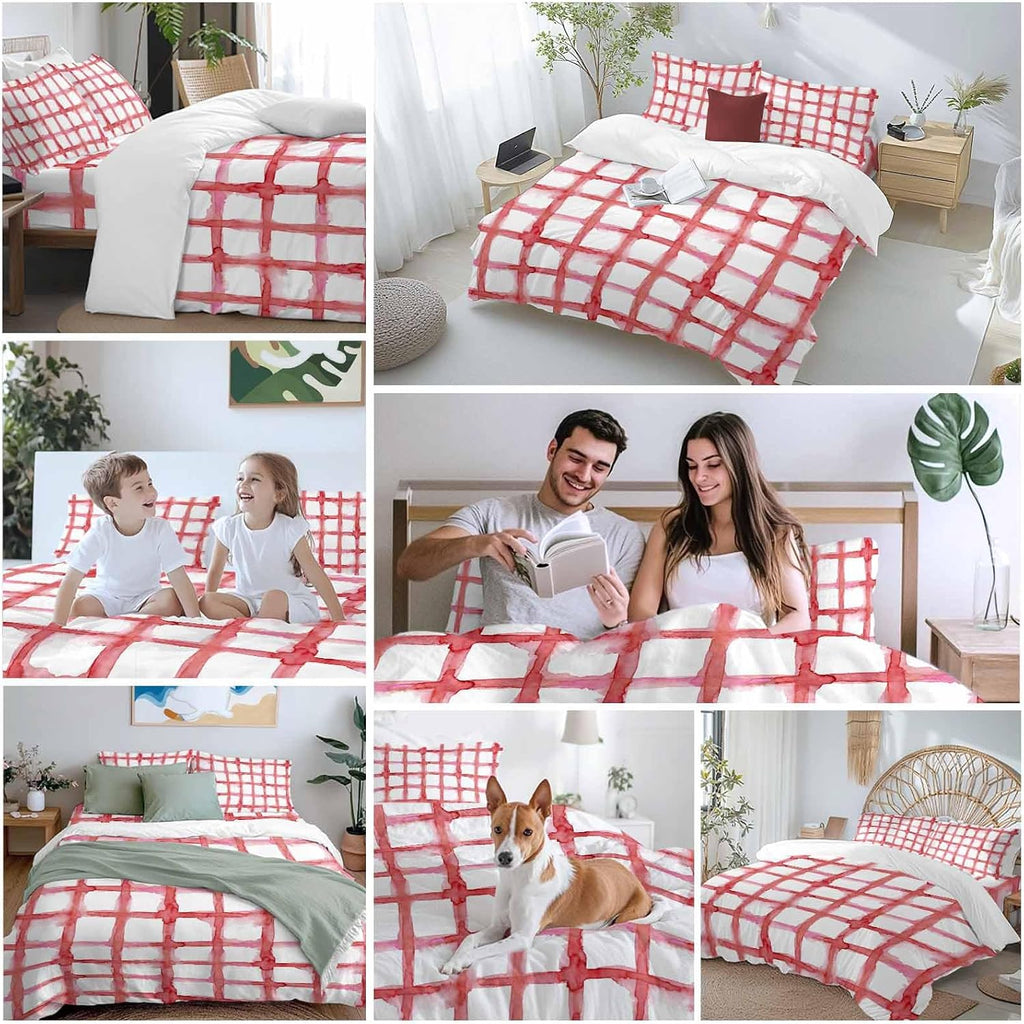 Retro Red Checkered Duvet Cover Set Queen Size 4 Pieces Watercolor Lines Geometric Minimalist Bedding Set with Zipper Closure, 1 Comforter Cover 86x86 Inches 1 Flat Sheet & 2 Pillow Cases
