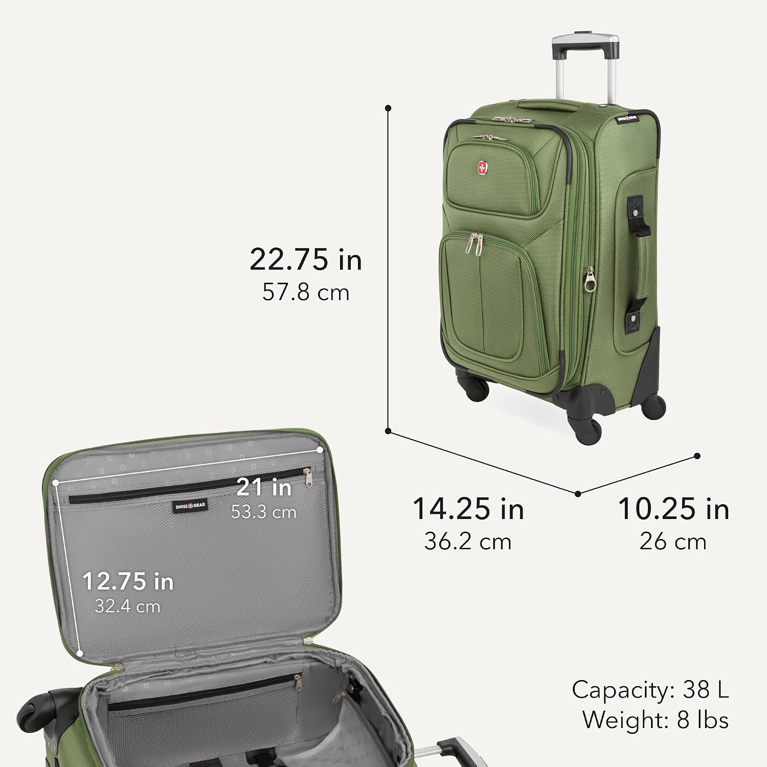 SWISSGEAR Sion Softside Expandable Spinner Luggage Durable Lightweight Travel Suitcase, Evergreen, Carry-On