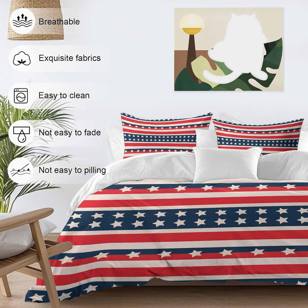 Prime Leader Independence Day Duvet Cover Set Queen Size 4 Pieces Vintage Classic Red White Blue Stripes Bedding Set with Zipper Closure, 1 Comforter Cover 92x106 Inches 1 Flat Sheet & 2 Pillow Cases