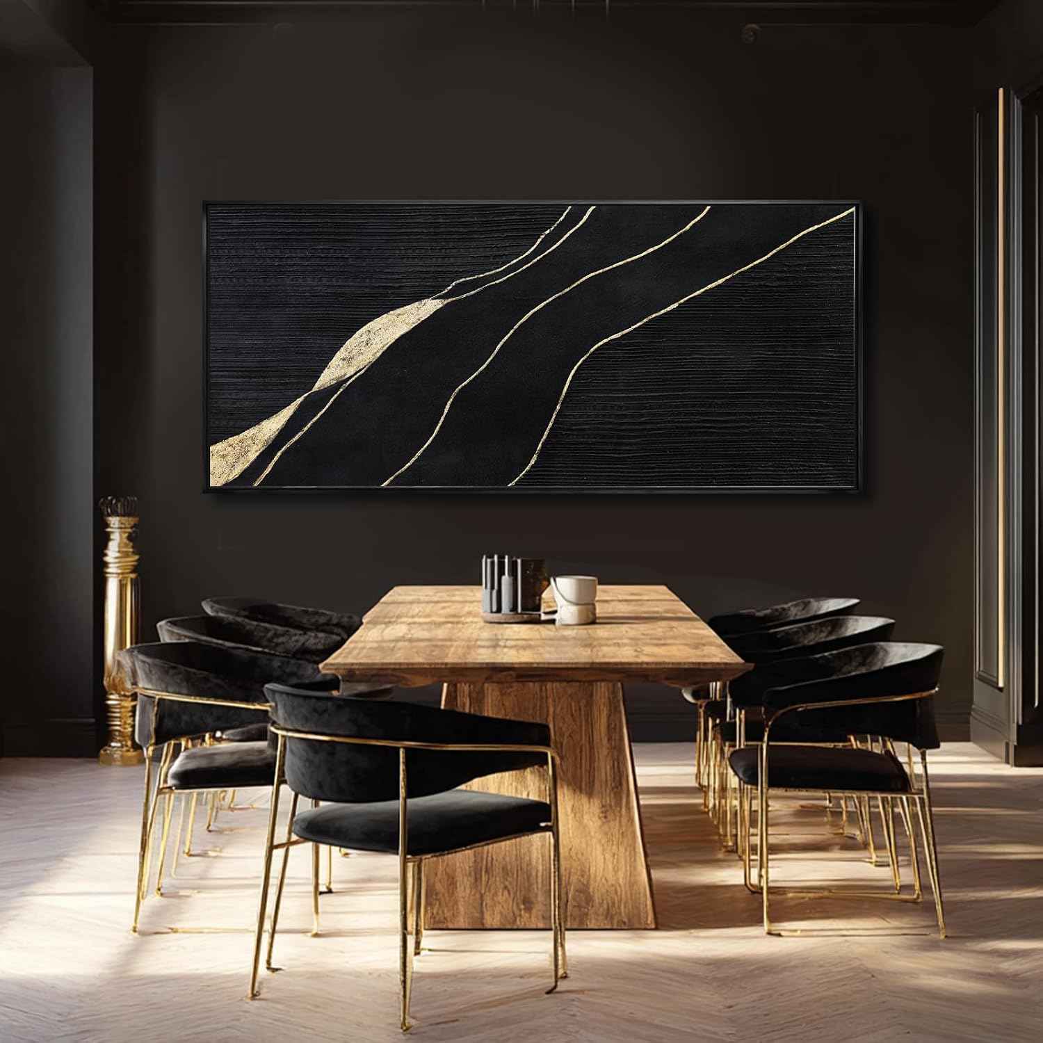 Green Hand-painted Abstract Canvas Wall Art, 32x70 Inch Black Framed Horizontal Artwork with Layered Green Tones for Living Room Decor