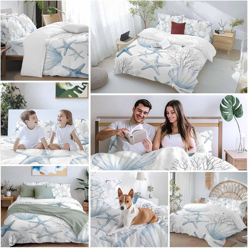 Summer Ocean Shell Duvet Cover Set Queen Size 4 Pieces Nautical Watercolor Blue Starfish Seashell Coral Bedding Set with Zipper Closure, 1 Comforter Cover 86x86 Inches 1 Flat Sheet & 2 Pillow Cases