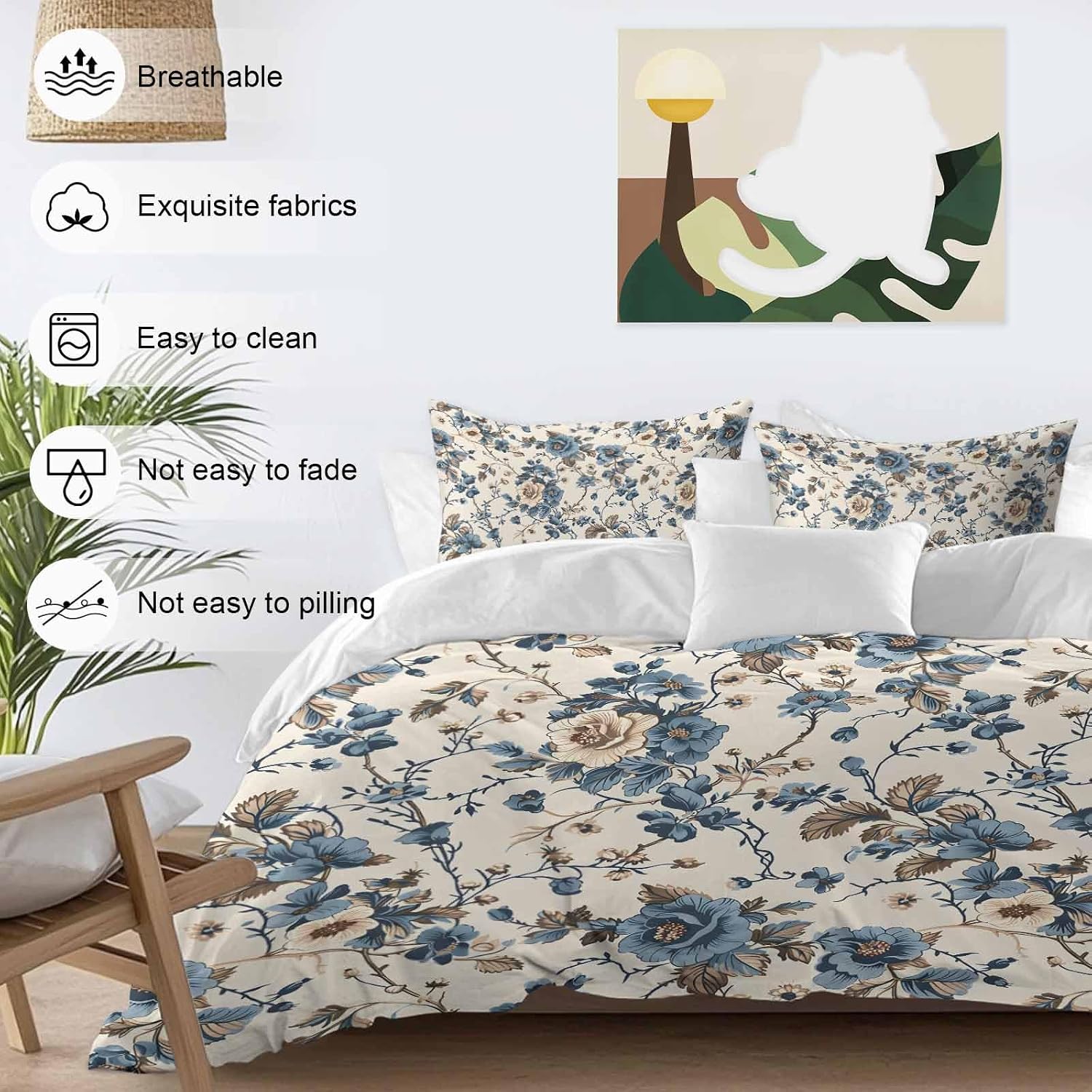 Vintage Floral Duvet Cover Set Queen Size 4 Pieces Beige Blue Brown Flowers Rustic Farmhouse Bedding Set with Zipper Closure, 1 Comforter Cover 92x106 Inches 1 Flat Sheet & 2 Pillow Cases