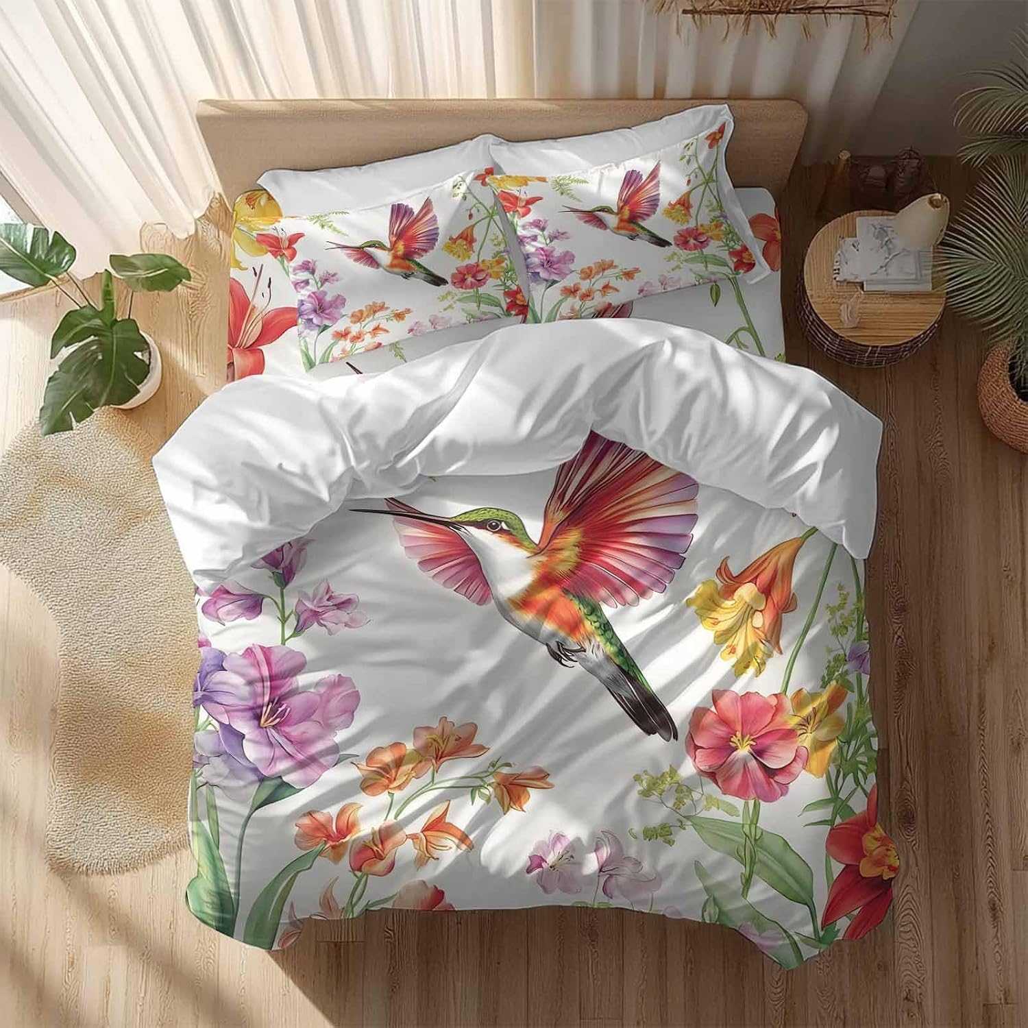 Prime Leader Retro Duvet Cover Set Queen Size 4 Pieces Hummingbird Wildflowers Pastoral Spring Scenery Bedding Set with Zipper Closure, 1 Comforter Cover 90x92 Inches 1 Flat Sheet & 2 Pillow Cases