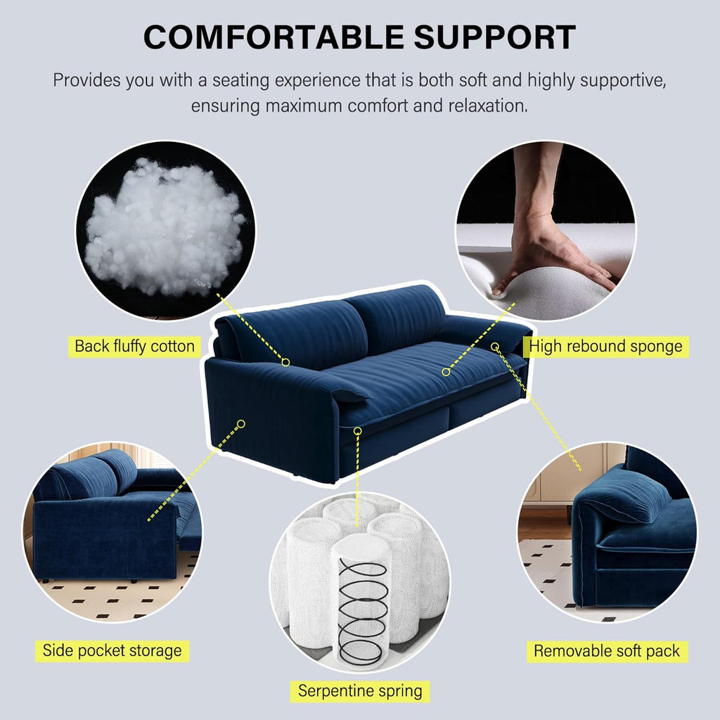 WILLIAMSPACE 66' Queen Pull Out Sofa Bed, 3-in-1 Velvet Convertible Sleeper Sofa Couch with Side Storage, Multi-Functional Loveseat Bed Pull Out Couch for Living Room, Apartment (Blue)