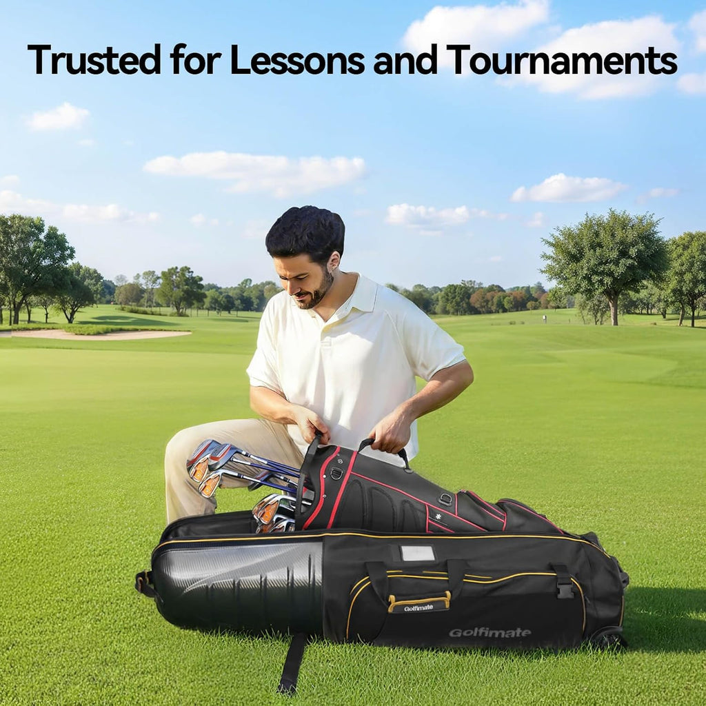 Golf Travel Bags for Airlines with Carbon Fiber Hard Top, Protective Club Traveling Cover with Wheel, Golf Club Carrier Case for Airplanes, Thick Padding, Durable Zippers and 2 Sided Spacious Pockets