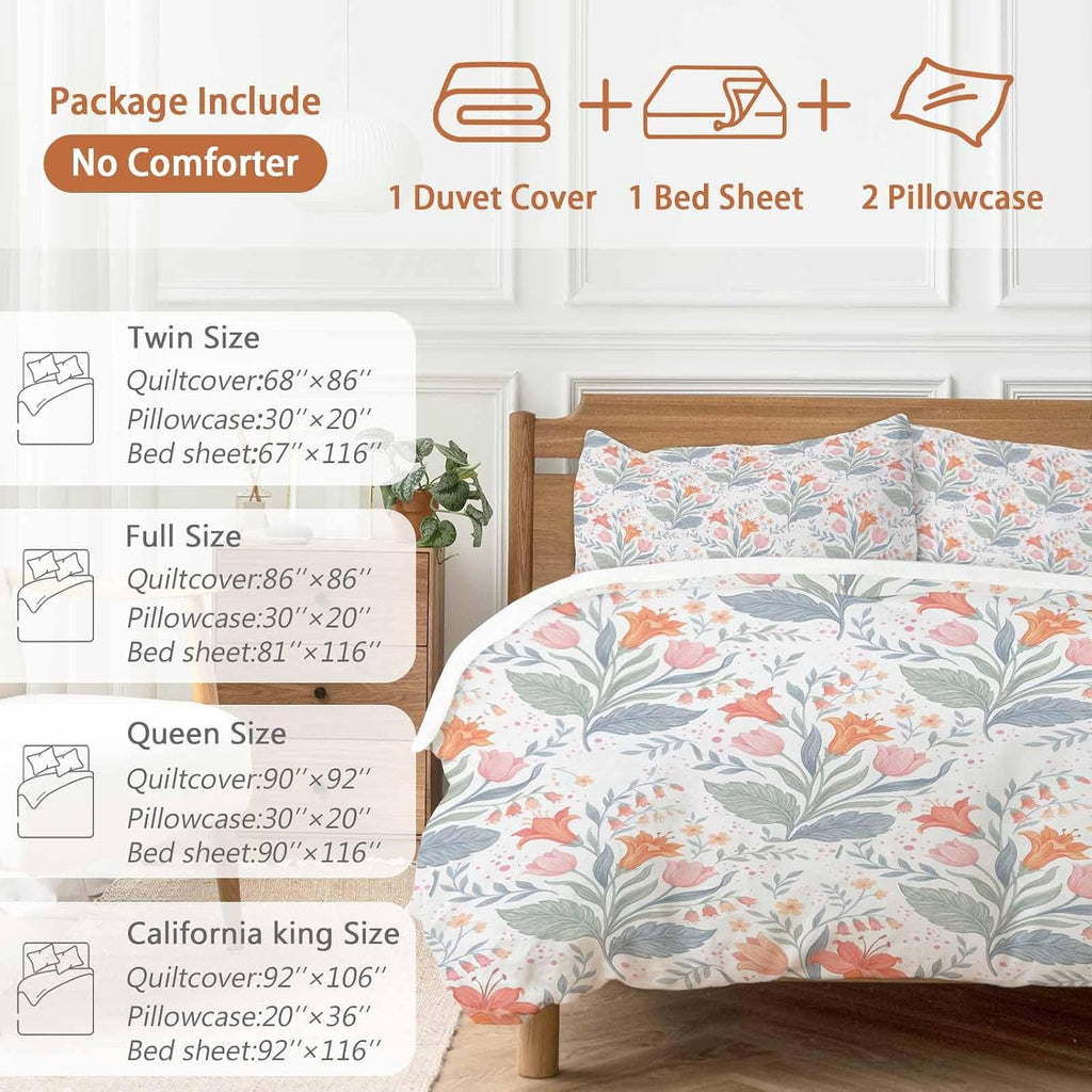 Pink Orange Flower Duvet Cover Set Queen Size 4 Pieces Watercolor Floral Green Leaf Rustic Country Bedding Set with Zipper Closure, 1 Comforter Cover 86x86 Inches 1 Flat Sheet & 2 Pillow Cases