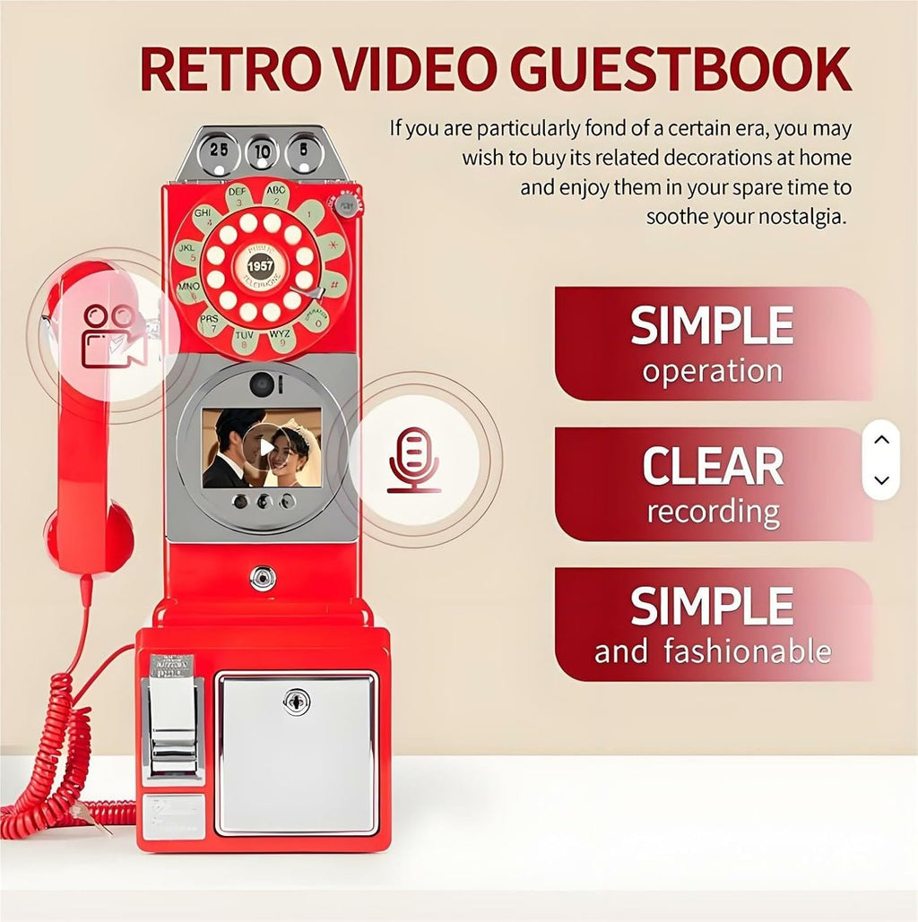32G Retro Video Audio Guest Book Wedding Phone- Creative Record Customized Video Messages GuestBook – A Personal and Convenient Way to Preserve Your Special Occasions(Red)