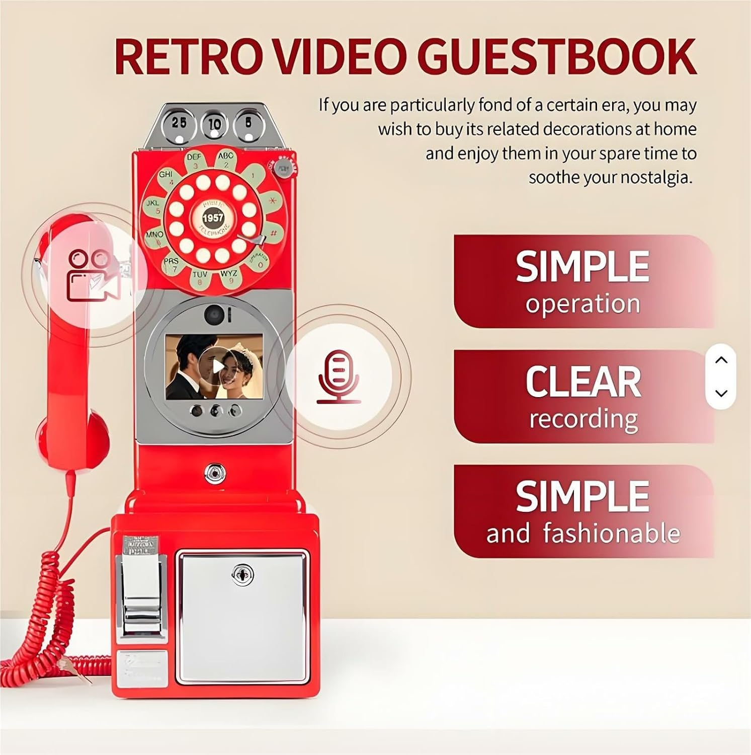 32G Retro Video Audio Guest Book Wedding Phone- Creative Record Customized Video Messages GuestBook – A Personal and Convenient Way to Preserve Your Special Occasions(Red)