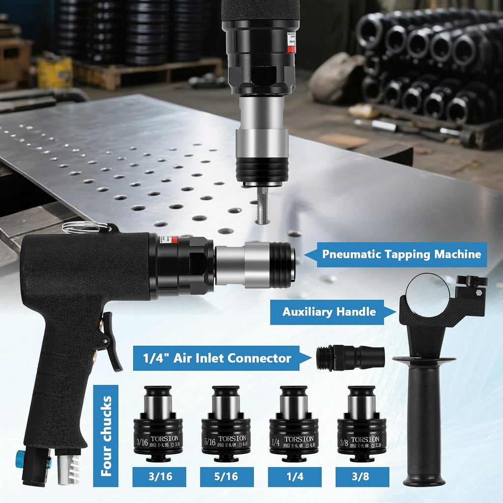 MXBAOHENG Pneumatic Tapping Machine with 360° Rotating Auxiliary Handle, Portable Air Tapper Tool 250RPM Thread Tapping Gun Tap Drill Machine for Metal with 4pcs ANSI Collets