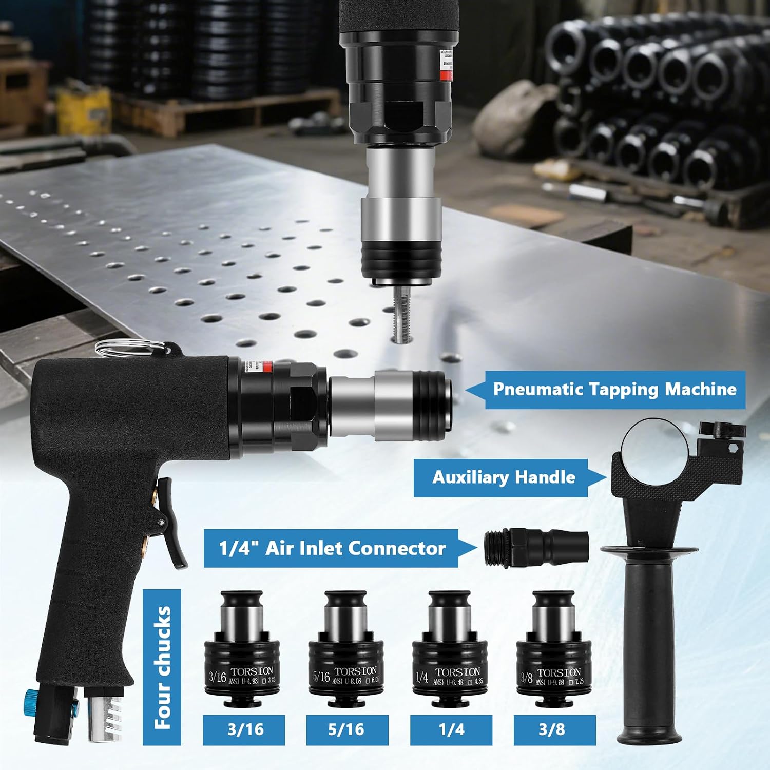 MXBAOHENG Pneumatic Tapping Machine with 360° Rotating Auxiliary Handle, Portable Air Tapper Tool 250RPM Thread Tapping Gun Tap Drill Machine for Metal with 4pcs ANSI Collets