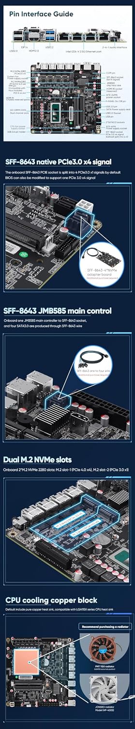 NAS Motherboard AMD, Firewall VPN Router Intel i5-12450H 8 core 12 Thread DIY 2xSFF-8643, 4 Port i226-V 2.5GbE LAN, 2xDDR5, 2*M.2 NVMe PCIE X4, 6*SATA3.0, HDMI2.0 DP USB4 Type-C, ITX 17x17CM.