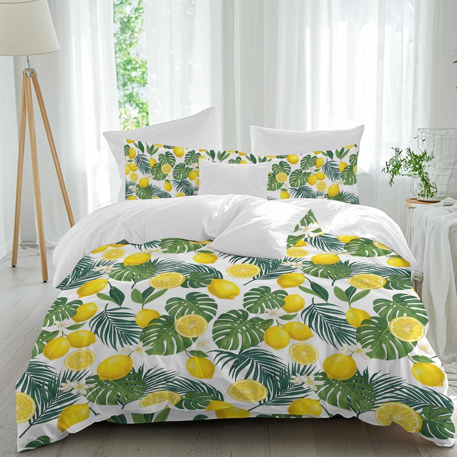 Prime Leader Lemon Leaf Duvet Cover Set Queen Size 4 Pieces Watercolor Lemon Floral Monstera Leaf Bedding Set with Zipper Closure, 1 Comforter Cover 86x86 Inches 1 Flat Sheet & 2 Pillow Cases