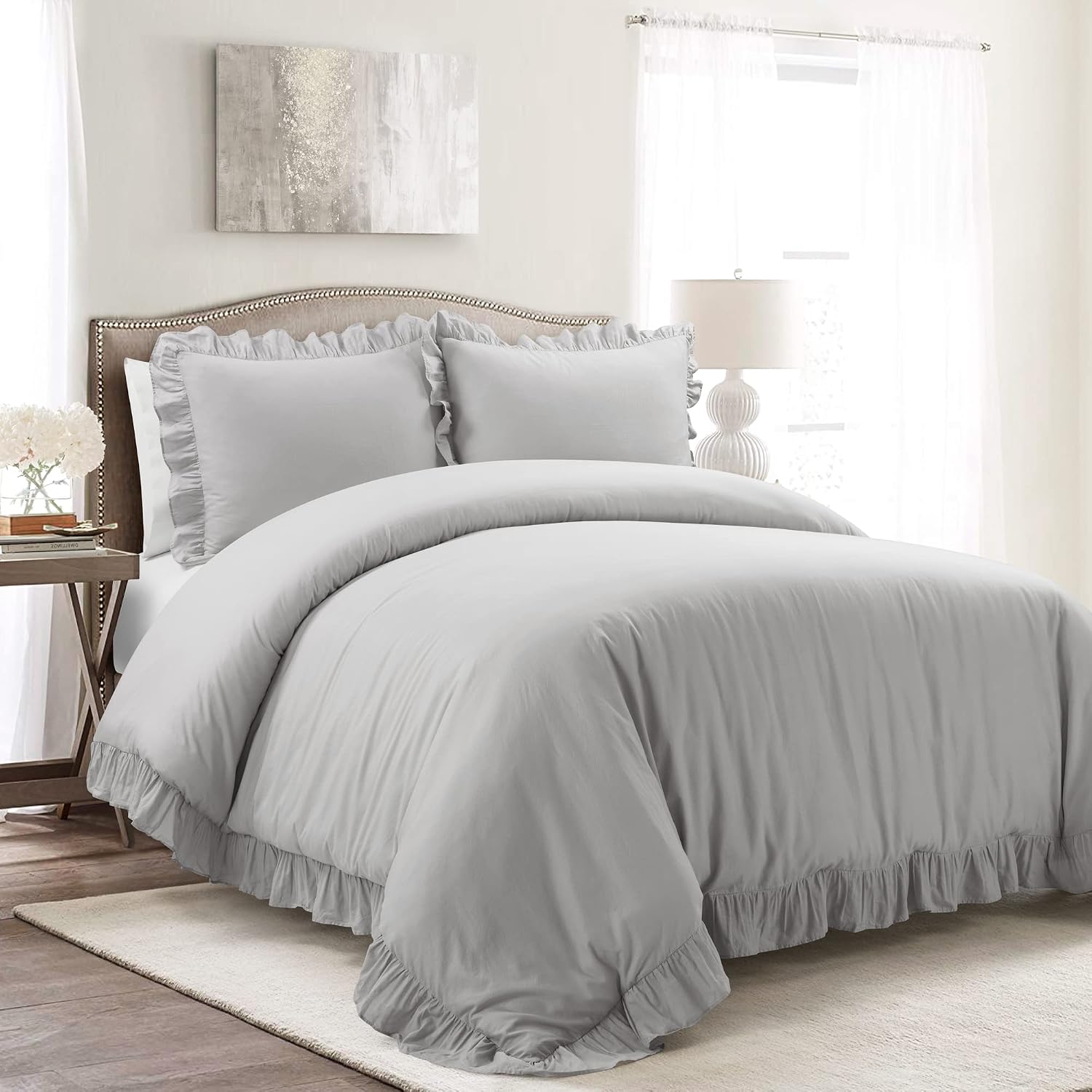 Lush Decor Reyna Ruffle Cotton Duvet Cover Set 3 Piece Set Full/ Queen, Light Gray - Queen Size Bedding Set - Gray Duvet Queen- Ruffled Bedding - Coquette Decor