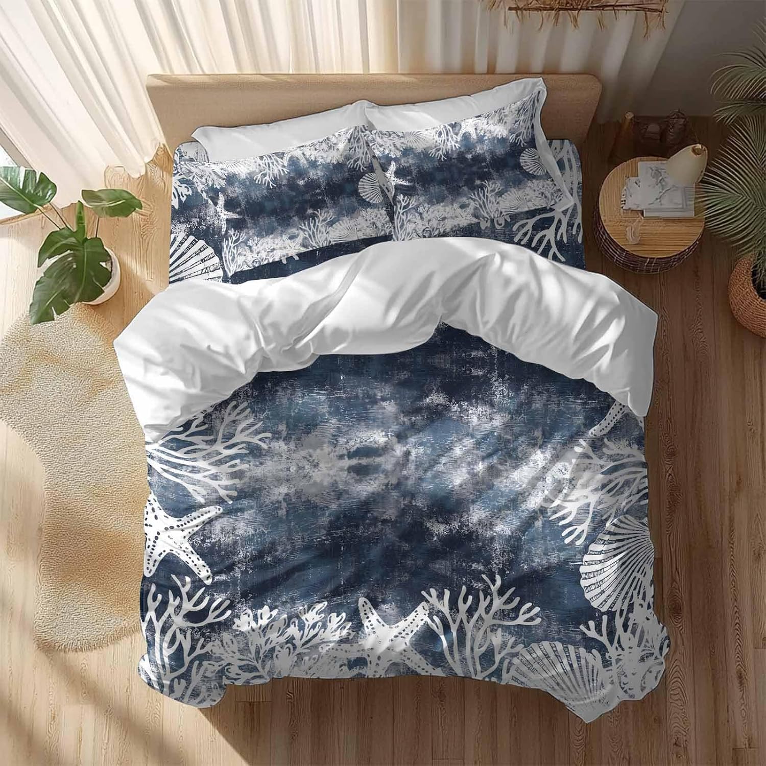Vintage Blue Ocean Duvet Cover Set Queen Size 4 Pieces Country Nautical Coastal Sea Starfish Shell Coral Bedding Set with Zipper Closure, 1 Comforter Cover 92x106 Inches 1 Flat Sheet & 2 Pillow Cases