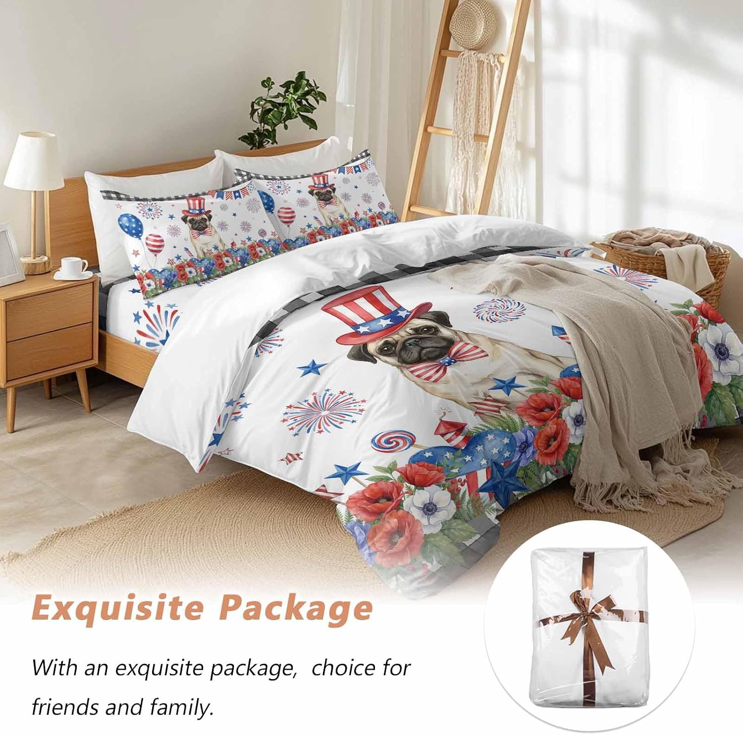 Independence Day Duvet Cover Set Queen Size 4 Pieces Cartoon Pug Dog Cute Puppy Red Blue Flower Bedding Set with Zipper Closure, 1 Comforter Cover 92x106 Inches 1 Flat Sheet & 2 Pillow Cases