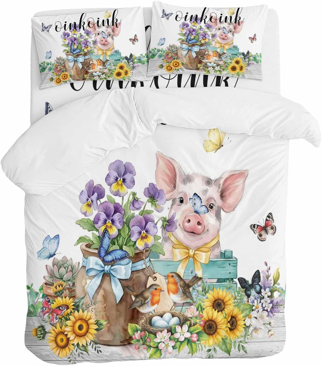 Prime Leader Floral Animals Duvet Cover Set Queen Size 4 Pieces Retro Flowers Fence Pig Birds Butterfly Bedding Set with Zipper Closure, 1 Comforter Cover 90x92 Inches 1 Flat Sheet & 2 Pillow Cases