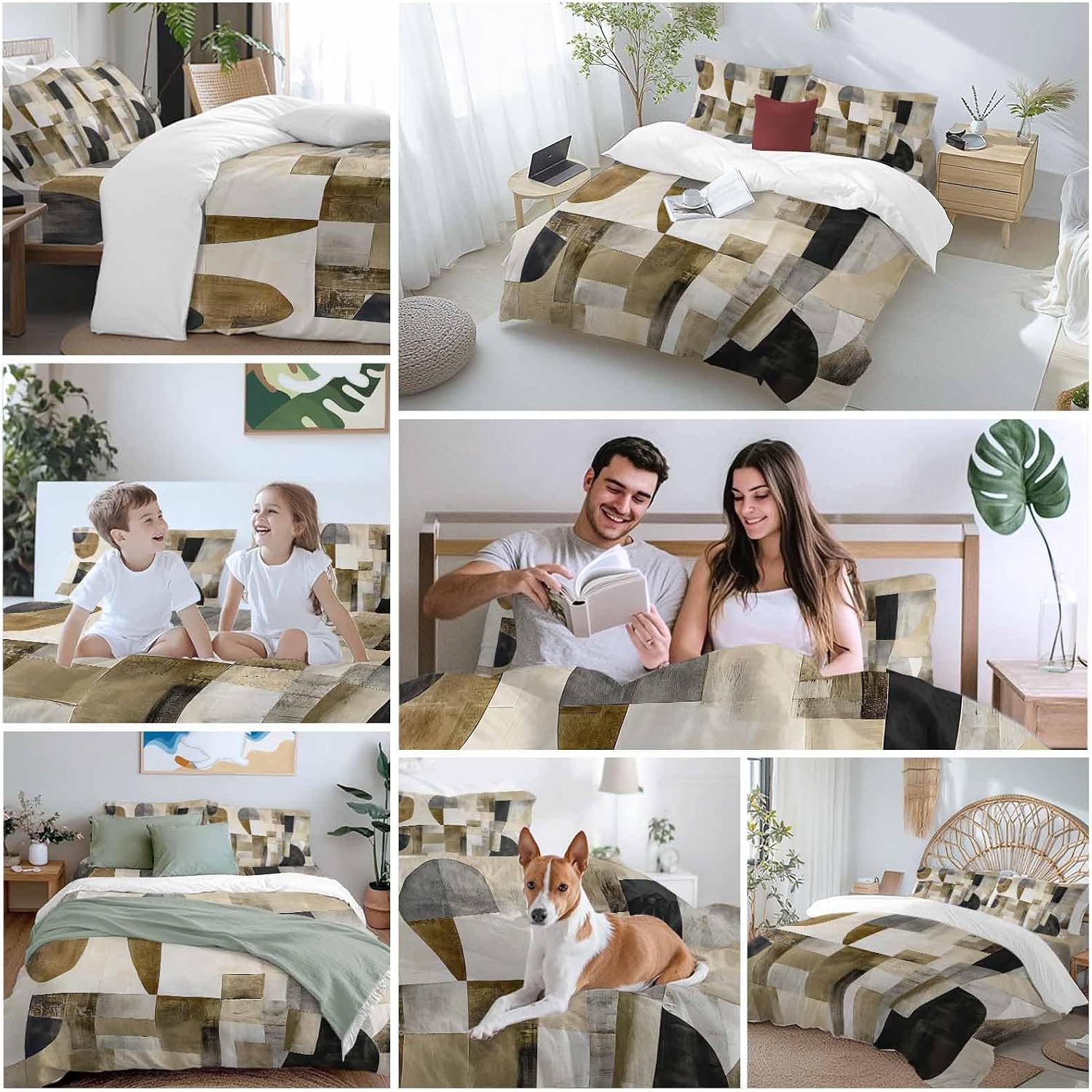 Prime Leader Abstract Duvet Cover Set Queen Size 4 Pieces Brown Black Color Block Geometric Contemporary Bedding Set with Zipper Closure, 1 Comforter Cover 90x92 Inches 1 Flat Sheet & 2 Pillow Cases
