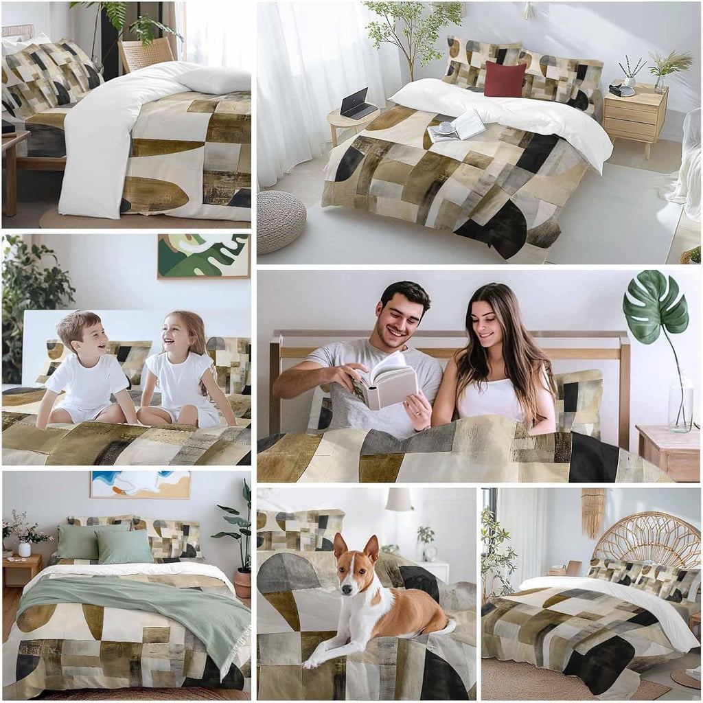 Prime Leader Abstract Duvet Cover Set Queen Size 4 Pieces Brown Black Color Block Geometric Contemporary Bedding Set with Zipper Closure, 1 Comforter Cover 86x86 Inches 1 Flat Sheet & 2 Pillow Cases