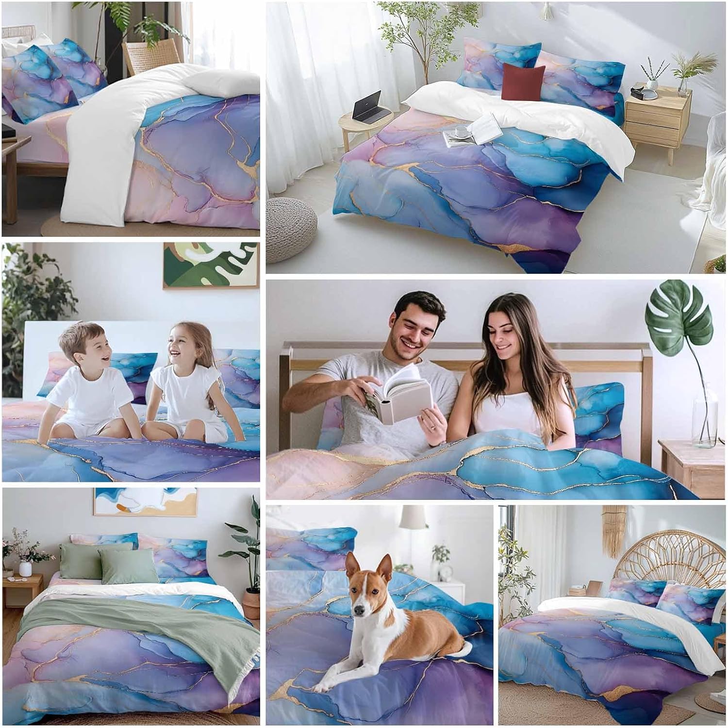 Prime Leader Abstract Impressionist Duvet Cover Set Queen Size 4 Pieces Blue Marble Texture Bedding Set with Zipper Closure, 1 Comforter Cover 86x86 Inches 1 Flat Sheet & 2 Pillow Cases