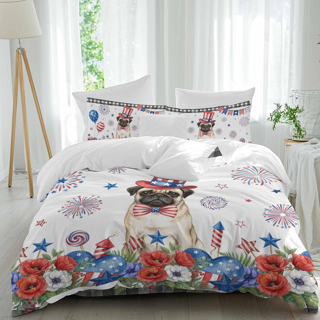 Independence Day Duvet Cover Set Queen Size 4 Pieces Cartoon Pug Dog Cute Puppy Red Blue Flower Bedding Set with Zipper Closure, 1 Comforter Cover 86x86 Inches 1 Flat Sheet & 2 Pillow Cases