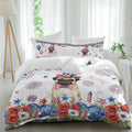 Independence Day Duvet Cover Set Queen Size 4 Pieces Cartoon Pug Dog Cute Puppy Red Blue Flower Bedding Set with Zipper Closure, 1 Comforter Cover 86x86 Inches 1 Flat Sheet & 2 Pillow Cases