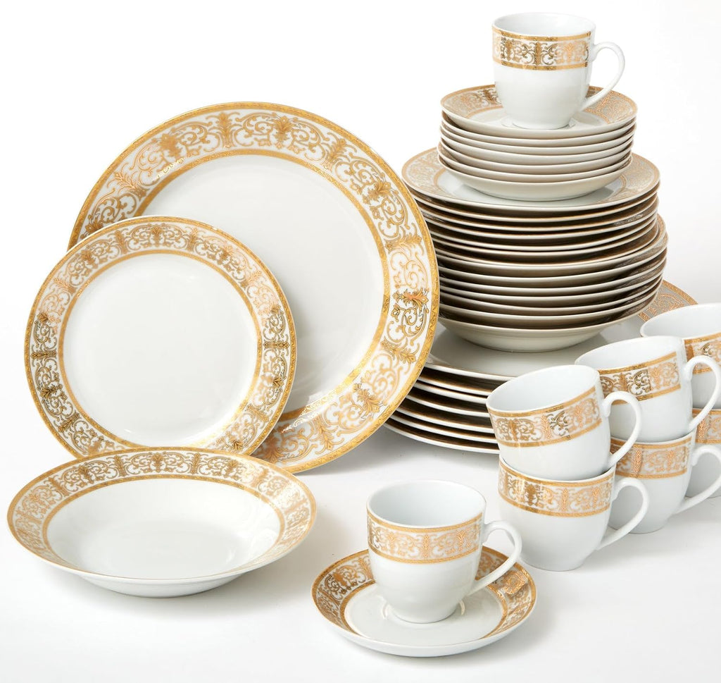 BrylaneHome 40 Piece Medici Porcelain Dinnerware Set (Service For 8), Includes Dinner & Dessert Plates, Bowls, Cups & Saucers, Elegant Gold Rim Pattern - Gold White