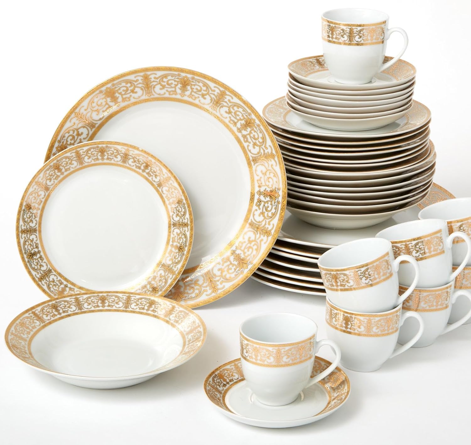 BrylaneHome 40 Piece Medici Porcelain Dinnerware Set (Service For 8), Includes Dinner & Dessert Plates, Bowls, Cups & Saucers, Elegant Gold Rim Pattern - Gold White