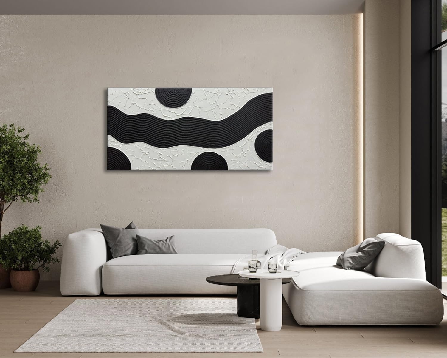 zoinart Hand-Painted Black and White Abstract Oil Paintings Modern Canvas Wall Art, Minimalist Texture Artwork for Living Room Bedroom Office Wall Decor Ready to Hang