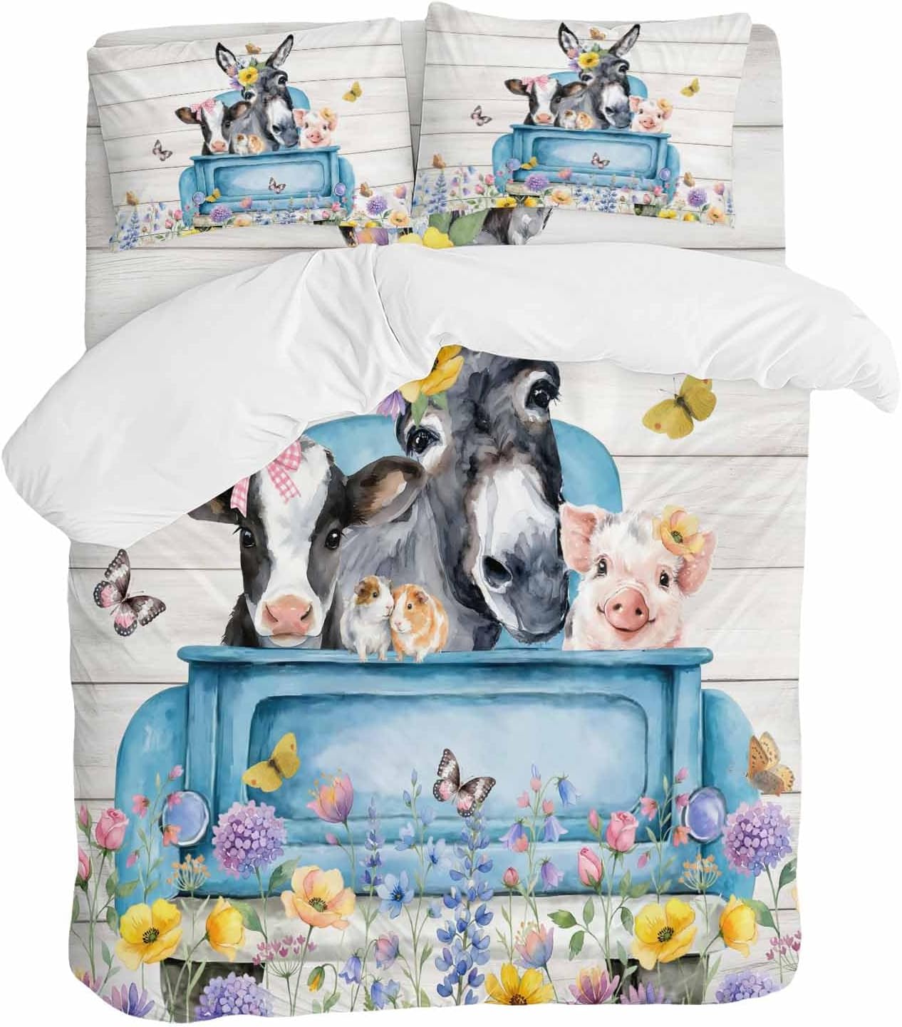 Farm Truck Animal Duvet Cover Set Queen Size 4 Pieces Donkeys Cows Pigs Wildflowers Wood Pattern Bedding Set with Zipper Closure, 1 Comforter Cover 92x106 Inches 1 Flat Sheet & 2 Pillow Cases