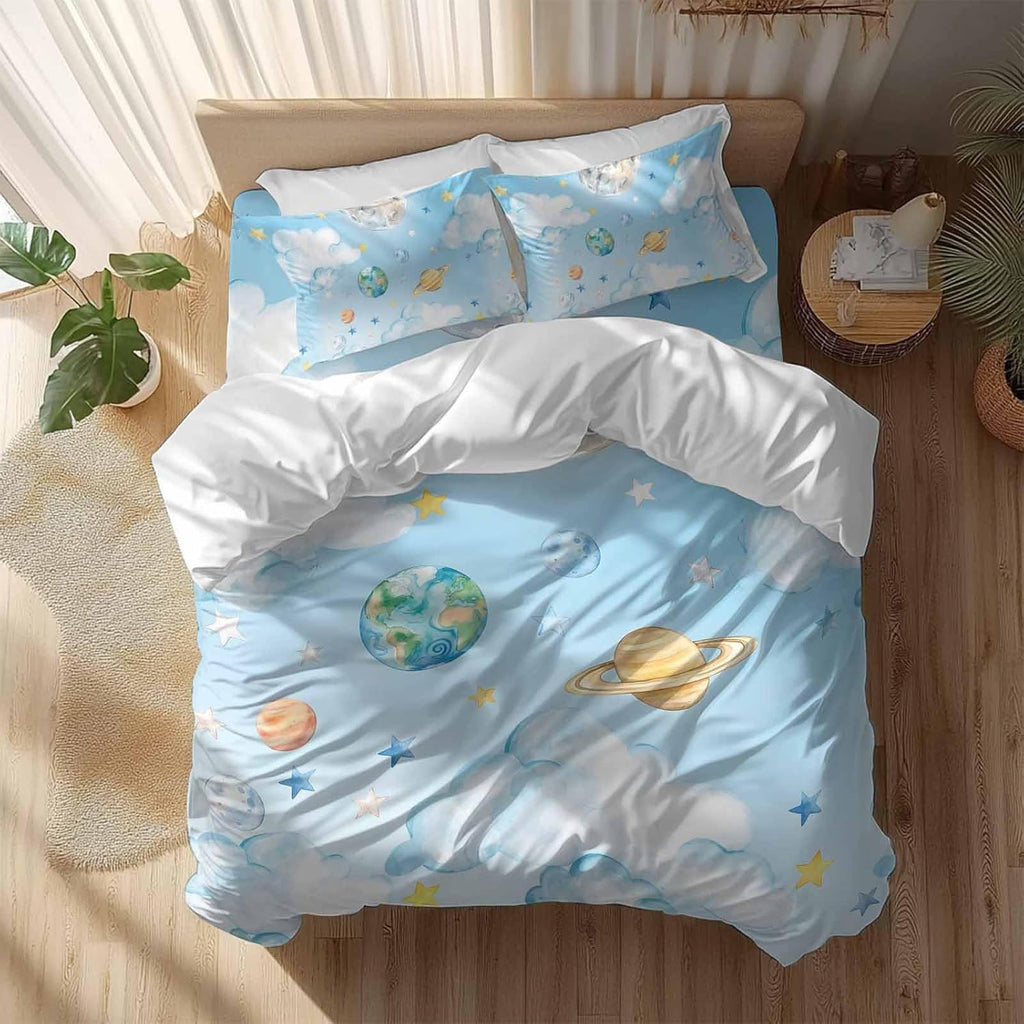 Prime Leader Planets Blue Sky Duvet Cover Set Queen Size 4 Pieces Earth Moon Yellow Star Clouds Dreamy Bedding Set with Zipper Closure, 1 Comforter Cover 90x92 Inches 1 Flat Sheet & 2 Pillow Cases