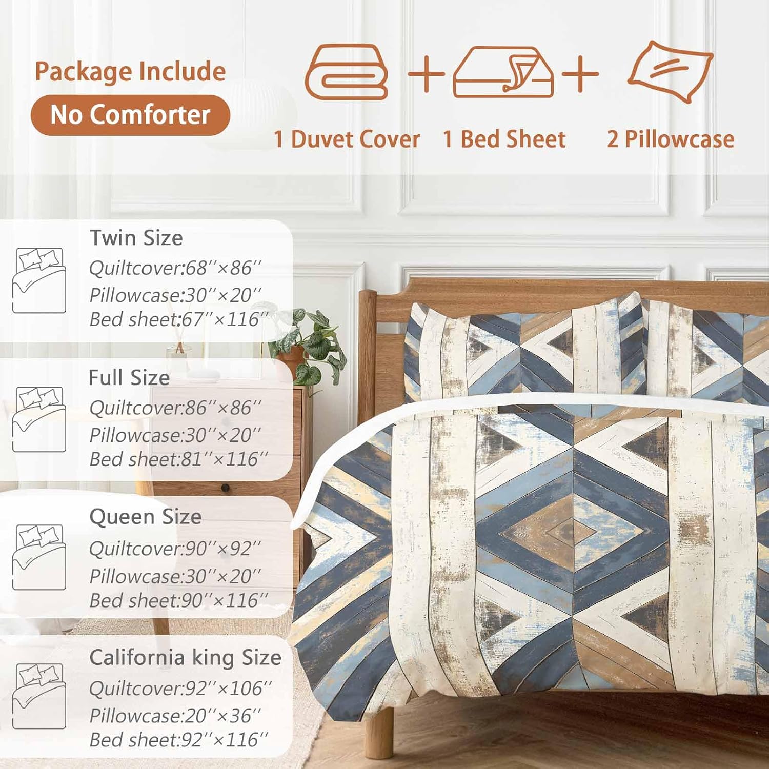 Vintage Duvet Cover Set Queen Size 4 Pieces Western Aztec Geometric Strip Wood Texture Farmhouse Bedding Set with Zipper Closure, 1 Comforter Cover 92x106 Inches 1 Flat Sheet & 2 Pillow Cases