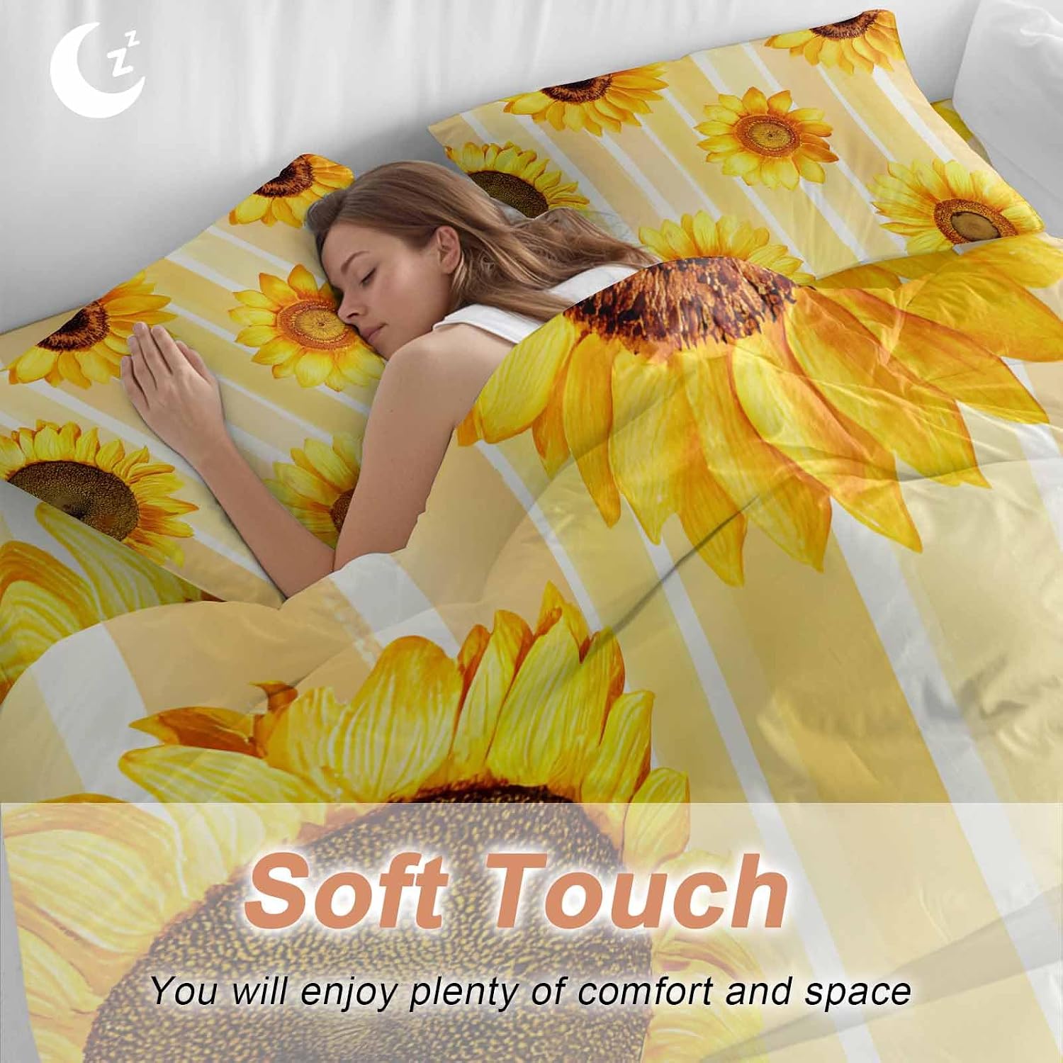 Prime Leader Sunflower Duvet Cover Set Queen Size 4 Pieces Yellow Floral Yellow Watercolor Strip Summer Bedding Set with Zipper Closure, 1 Comforter Cover 92x106 Inches 1 Flat Sheet & 2 Pillow Cases