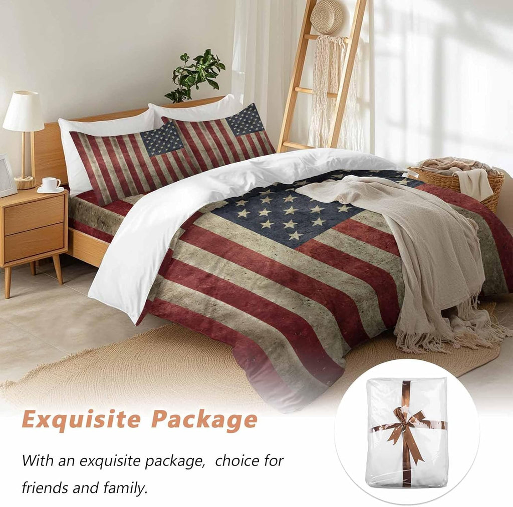 Vintage U.S. Flag Duvet Cover Set Queen Size 4 Pieces Red White Striped Star Independence Day Bedding Set with Zipper Closure, 1 Comforter Cover 86x86 Inches 1 Flat Sheet & 2 Pillow Cases