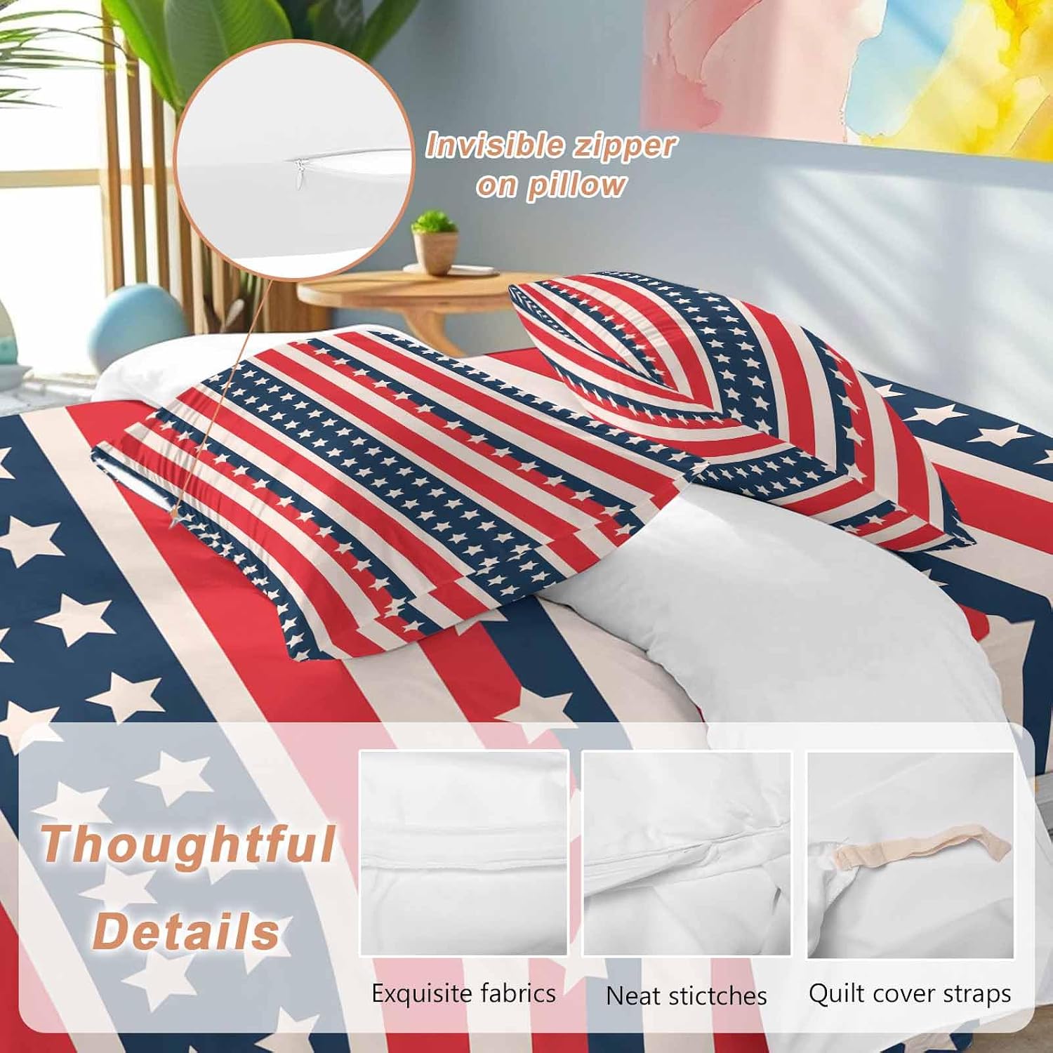 Prime Leader Independence Day Duvet Cover Set Queen Size 4 Pieces Vintage Classic Red White Blue Stripes Bedding Set with Zipper Closure, 1 Comforter Cover 90x92 Inches 1 Flat Sheet & 2 Pillow Cases