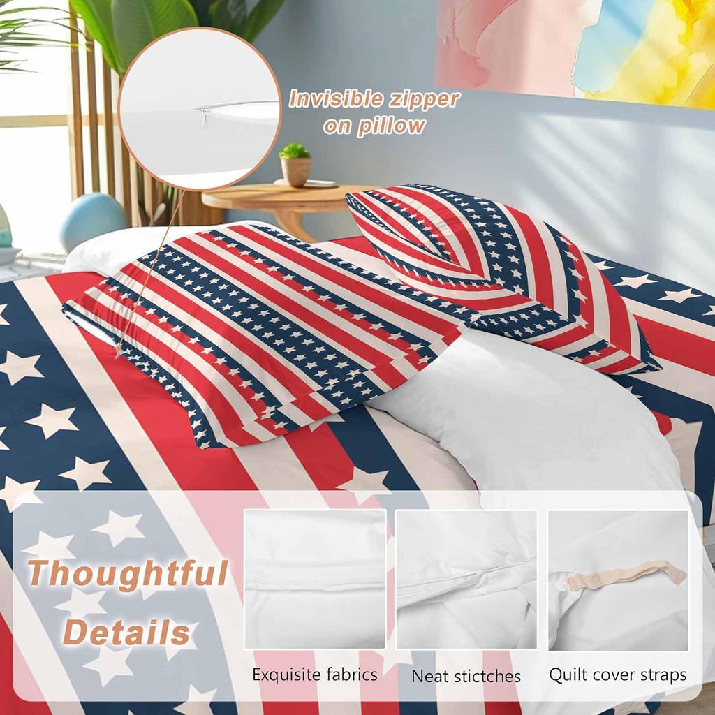 Prime Leader Independence Day Duvet Cover Set Queen Size 4 Pieces Vintage Classic Red White Blue Stripes Bedding Set with Zipper Closure, 1 Comforter Cover 86x86 Inches 1 Flat Sheet & 2 Pillow Cases