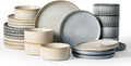 Famiware Star 24-Piece Plates and Bowls Set with Trim, Service for 8 - Stoneware Reactive Glaze Dinnerware, High Edge Ribbed Dishes, Chip & Scratch Resistant, Microwave & Dishwasher Safe, White & Blue