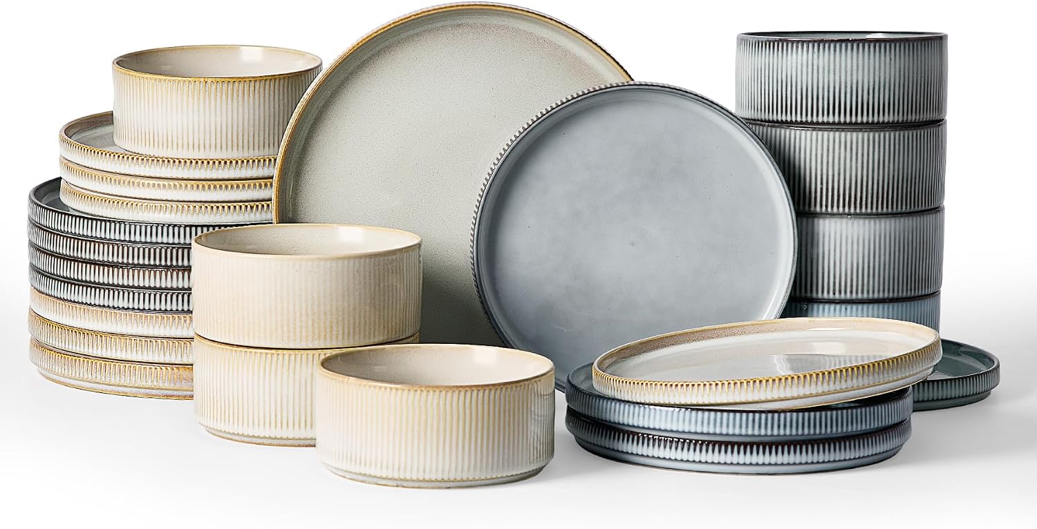 Famiware Star 24-Piece Plates and Bowls Set with Trim, Service for 8 - Stoneware Reactive Glaze Dinnerware, High Edge Ribbed Dishes, Chip & Scratch Resistant, Microwave & Dishwasher Safe, White & Blue